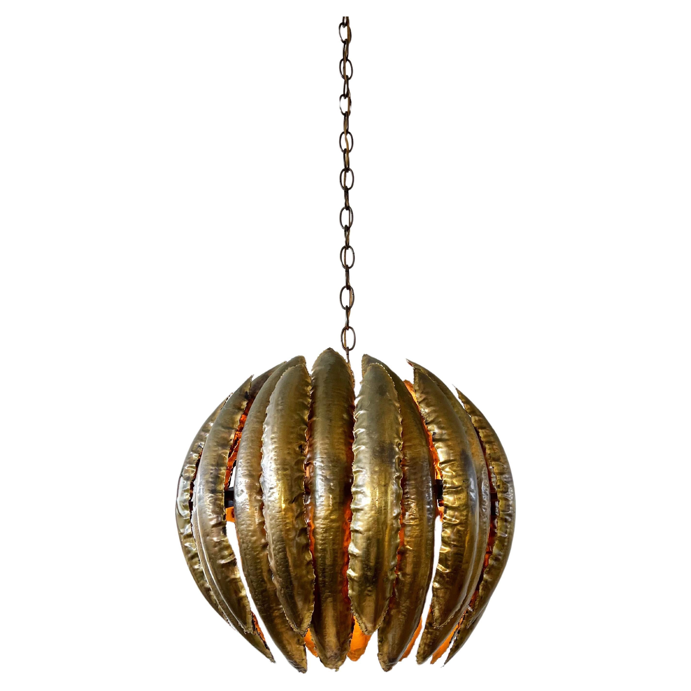 Brutalist Brass Pendant Chandelier Lamp by Tom Greene