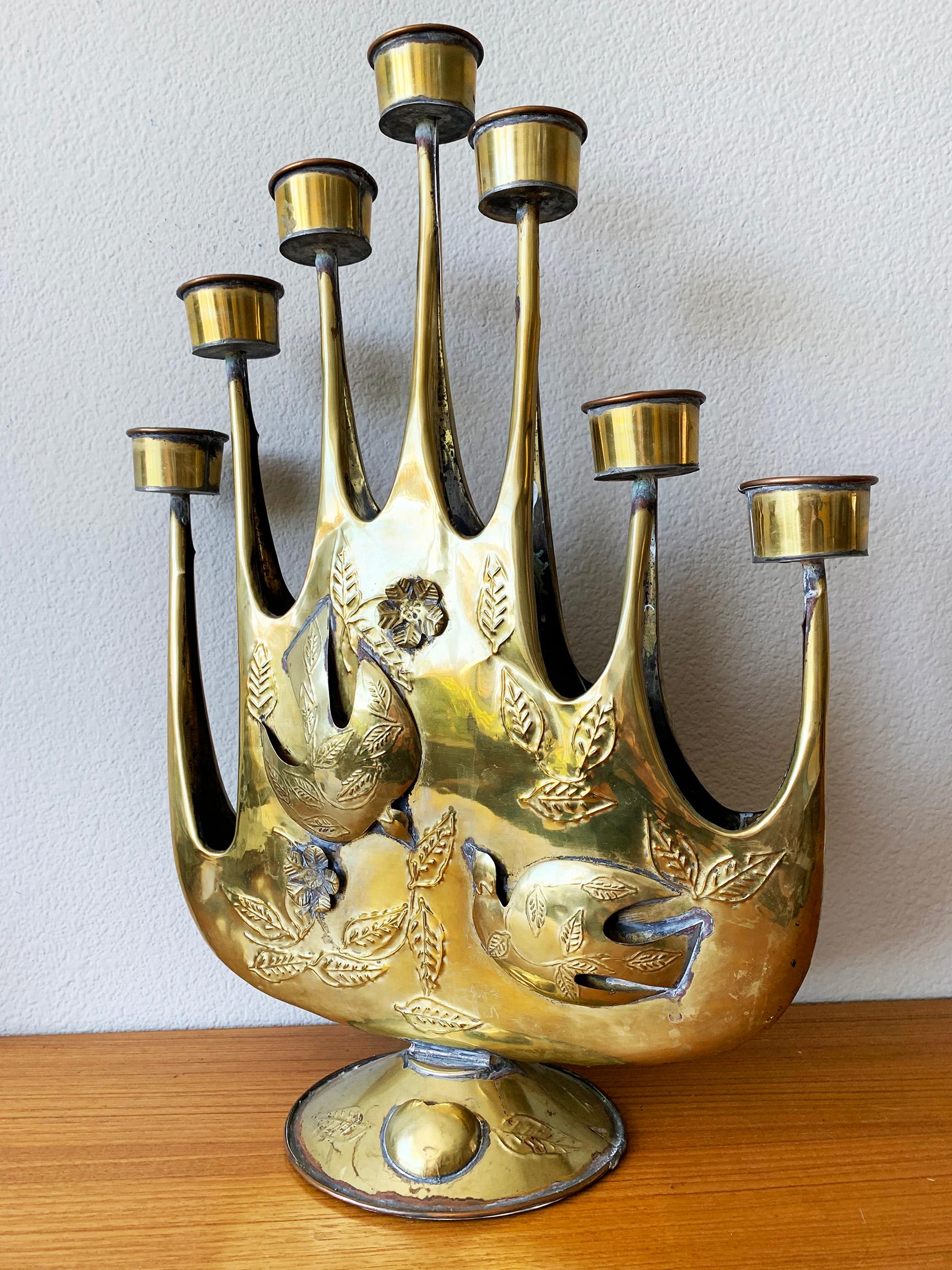 An increasingly rare and beautiful brass plated Brutalist tin candelabra by Mexican artist Gene Byron. handmade, hammered tin with lovely detail. This beautiful piece was also featured in the Verna Cook Shipway Mexican modernism design books of the