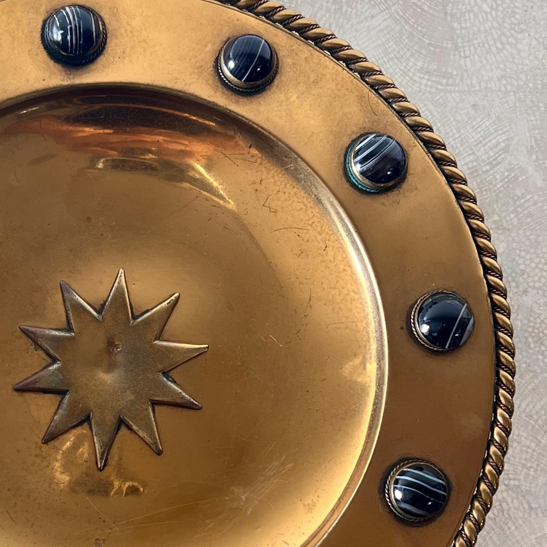 Brutalist brass platter with embossed sun and onyx appliqués, 20th century  6