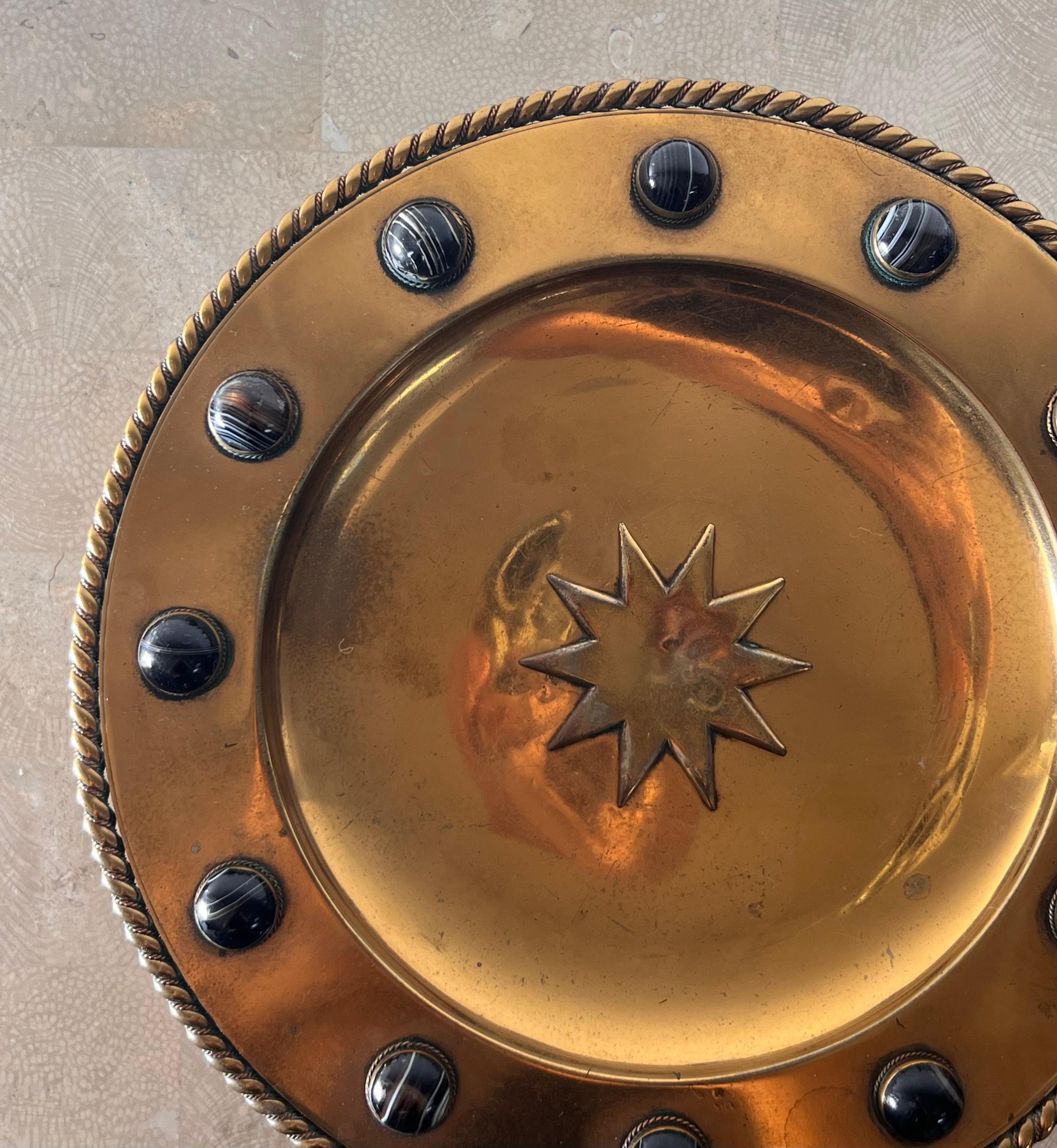 Brutalist brass platter with embossed sun and onyx appliqués, 20th century  7