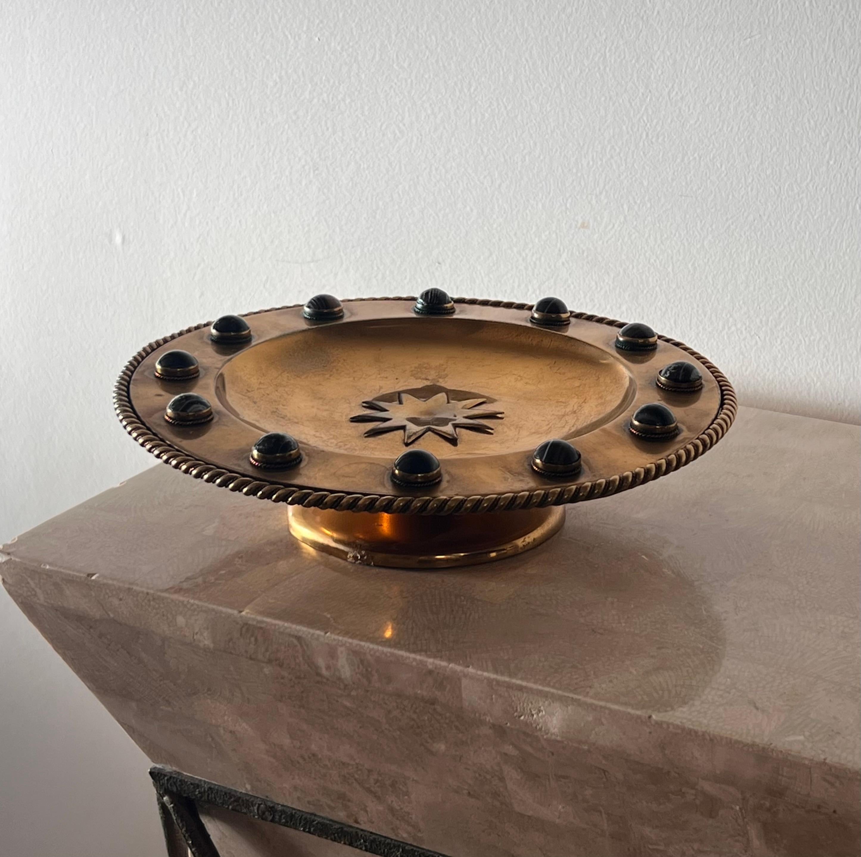Brutalist brass platter with embossed sun and onyx appliqués, 20th century  9