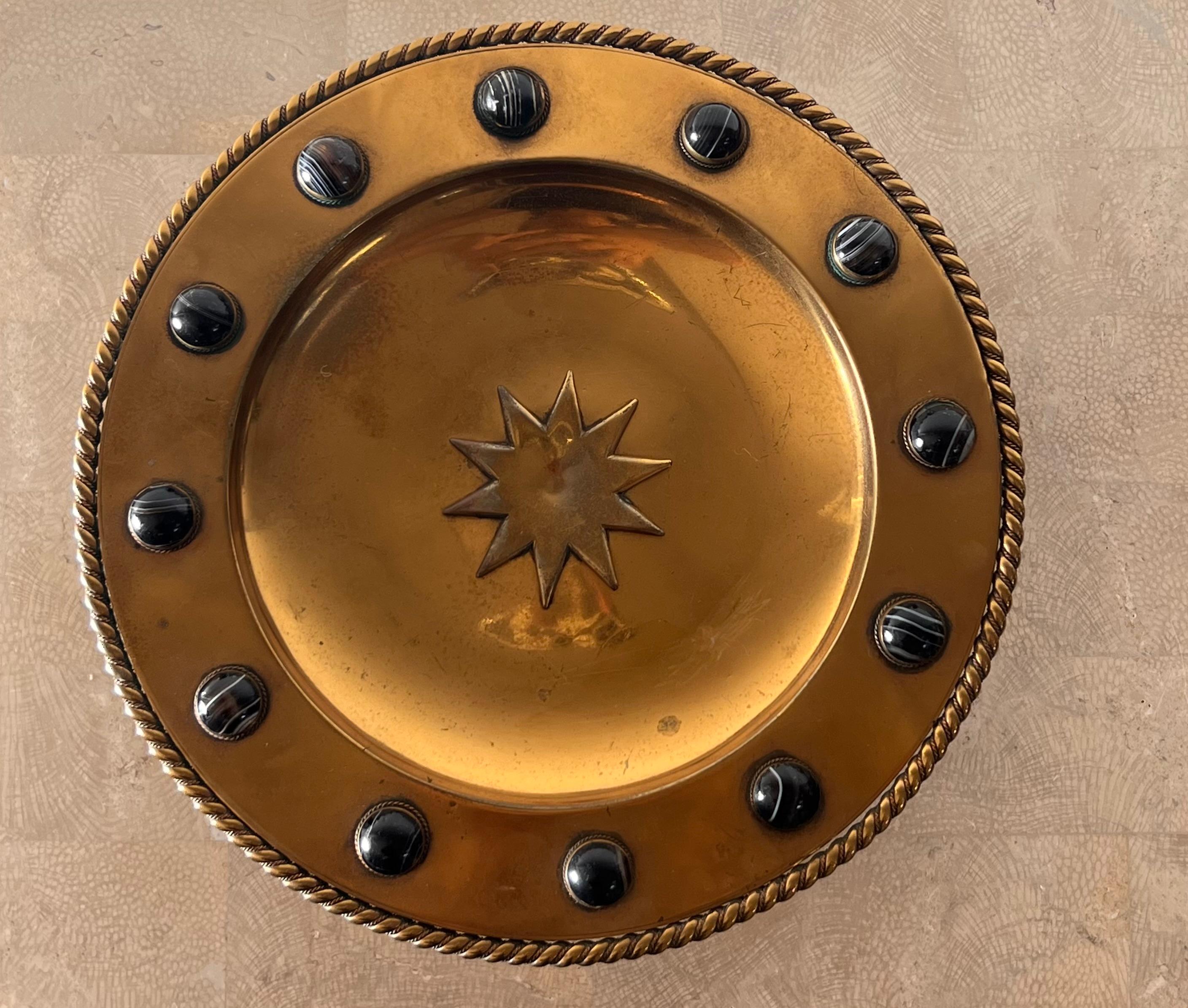 Brutalist brass platter with embossed sun and onyx appliqués, 20th century  10