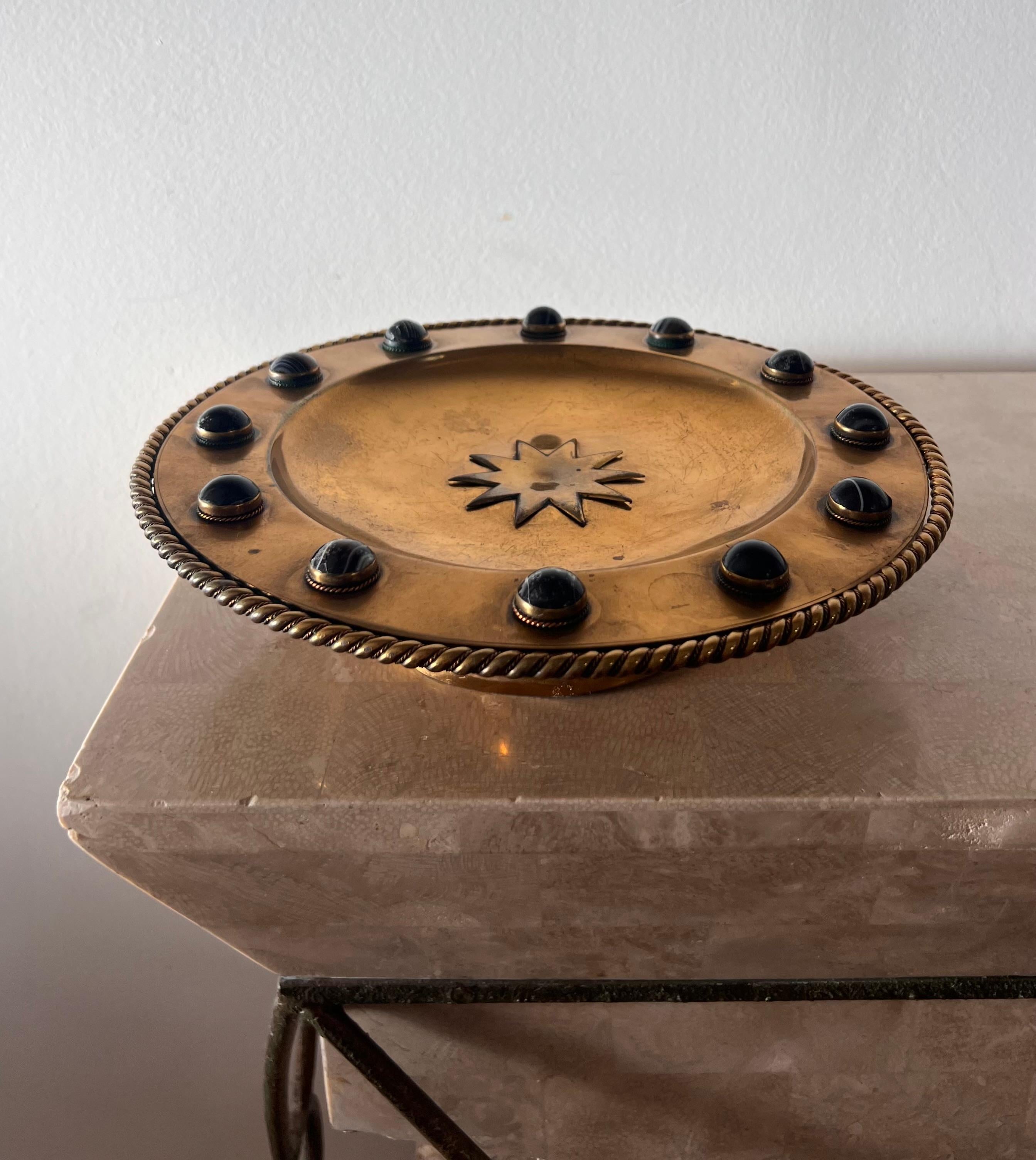 Brass Brutalist brass platter with embossed sun and onyx appliqués, 20th century 