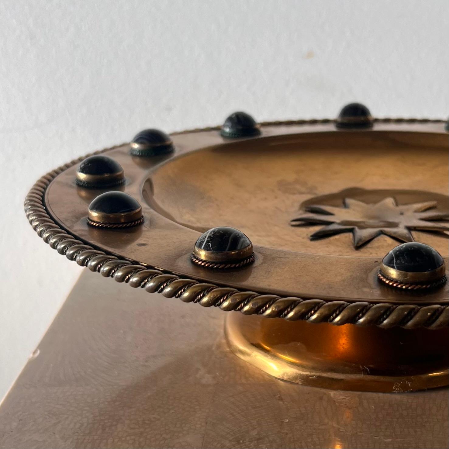 Brutalist brass platter with embossed sun and onyx appliqués, 20th century  1