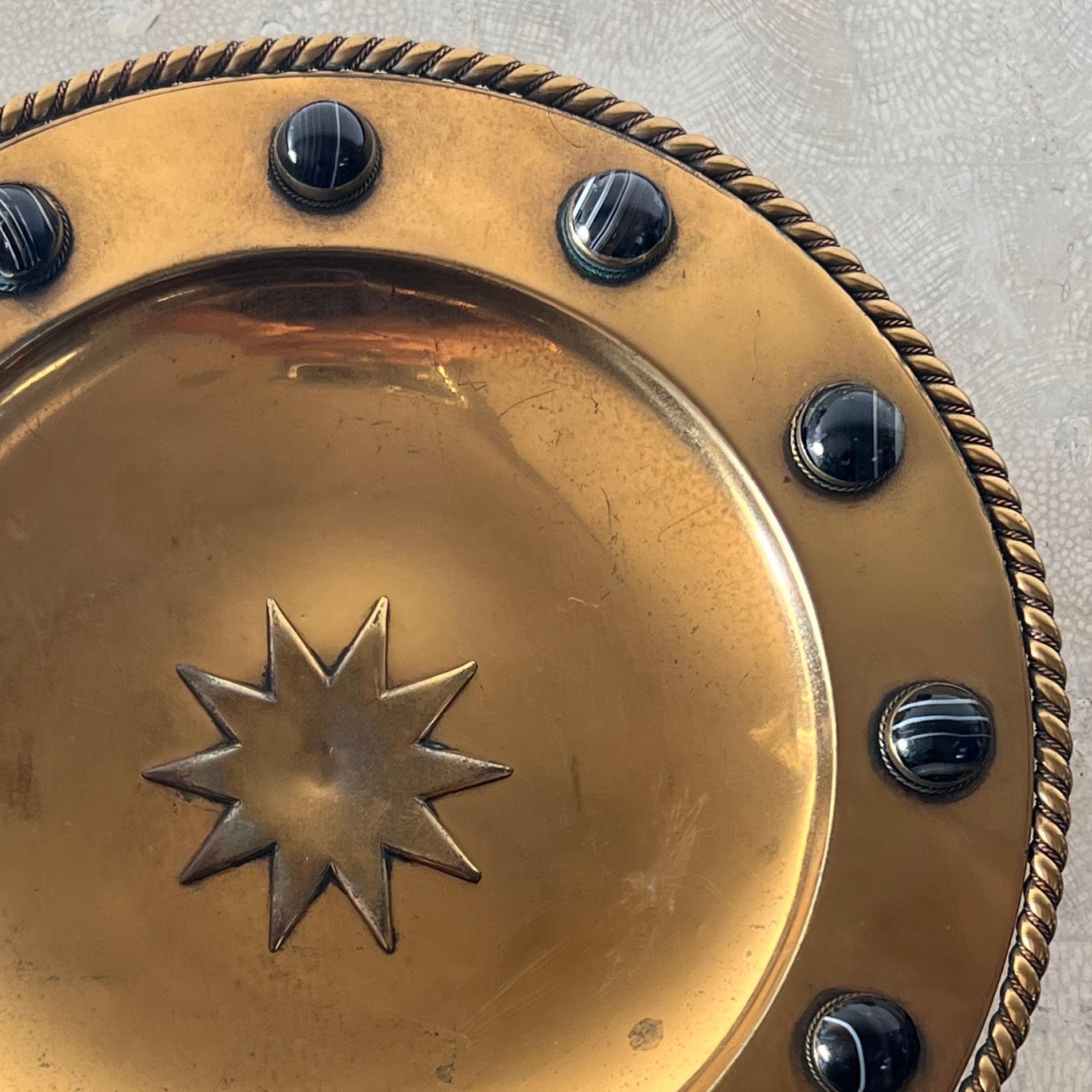 Brutalist brass platter with embossed sun and onyx appliqués, 20th century  2