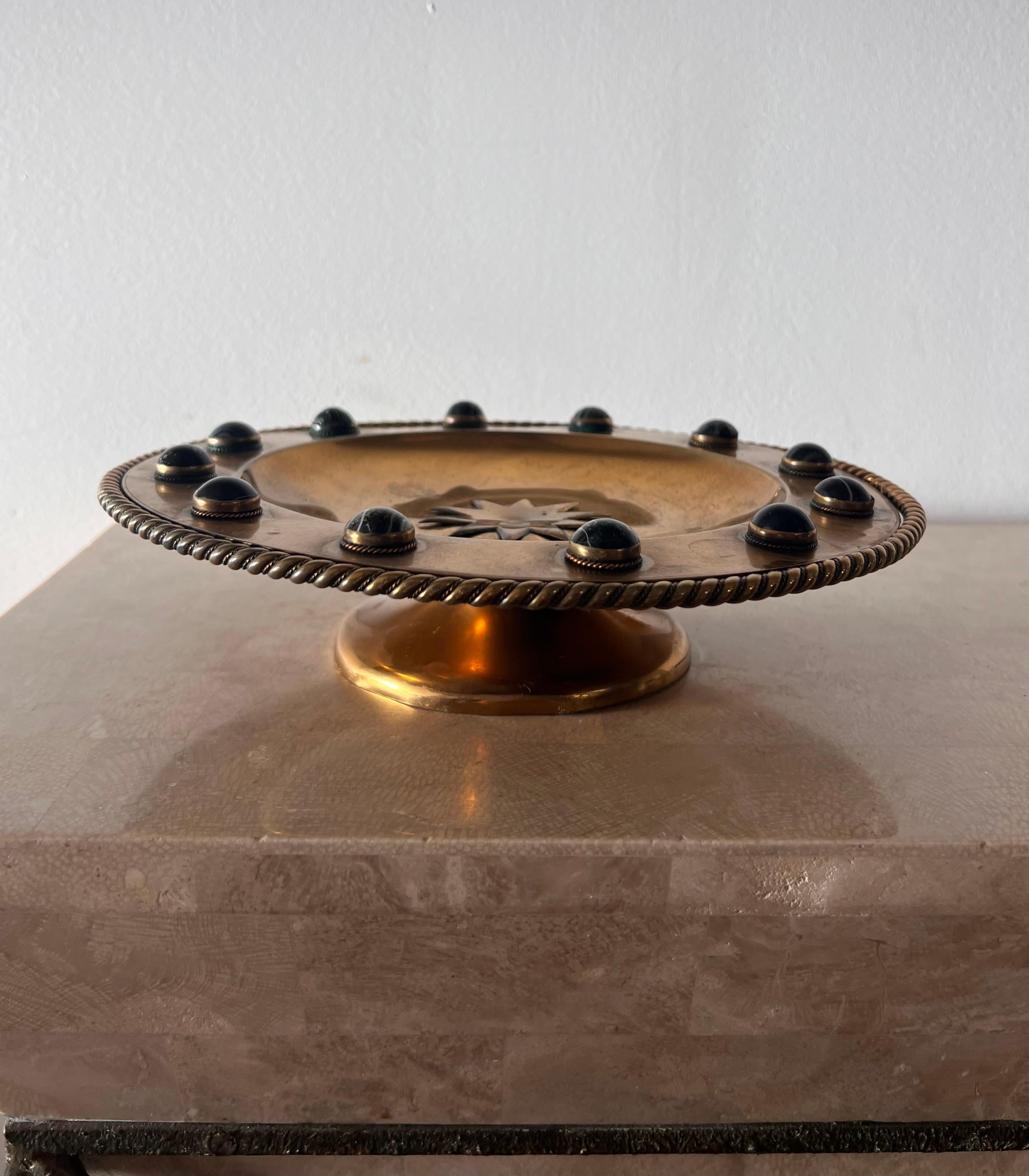Brutalist brass platter with embossed sun and onyx appliqués, 20th century  3