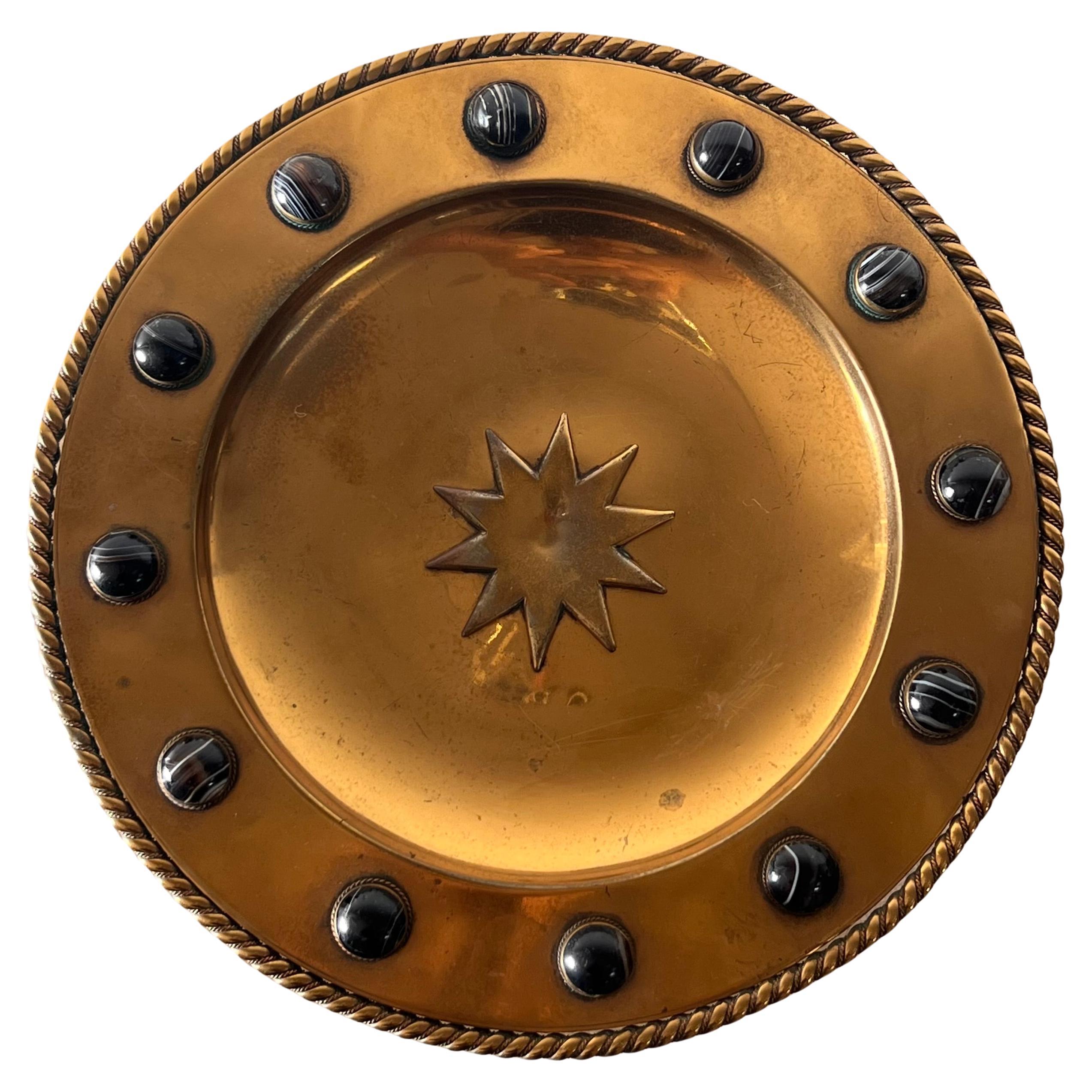 Brutalist brass platter with embossed sun and onyx appliqués, 20th century 