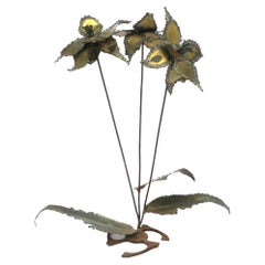 Vintage Brutalist Brass Sculpture of Flowers and Leaves in the Style of Silas and Jere