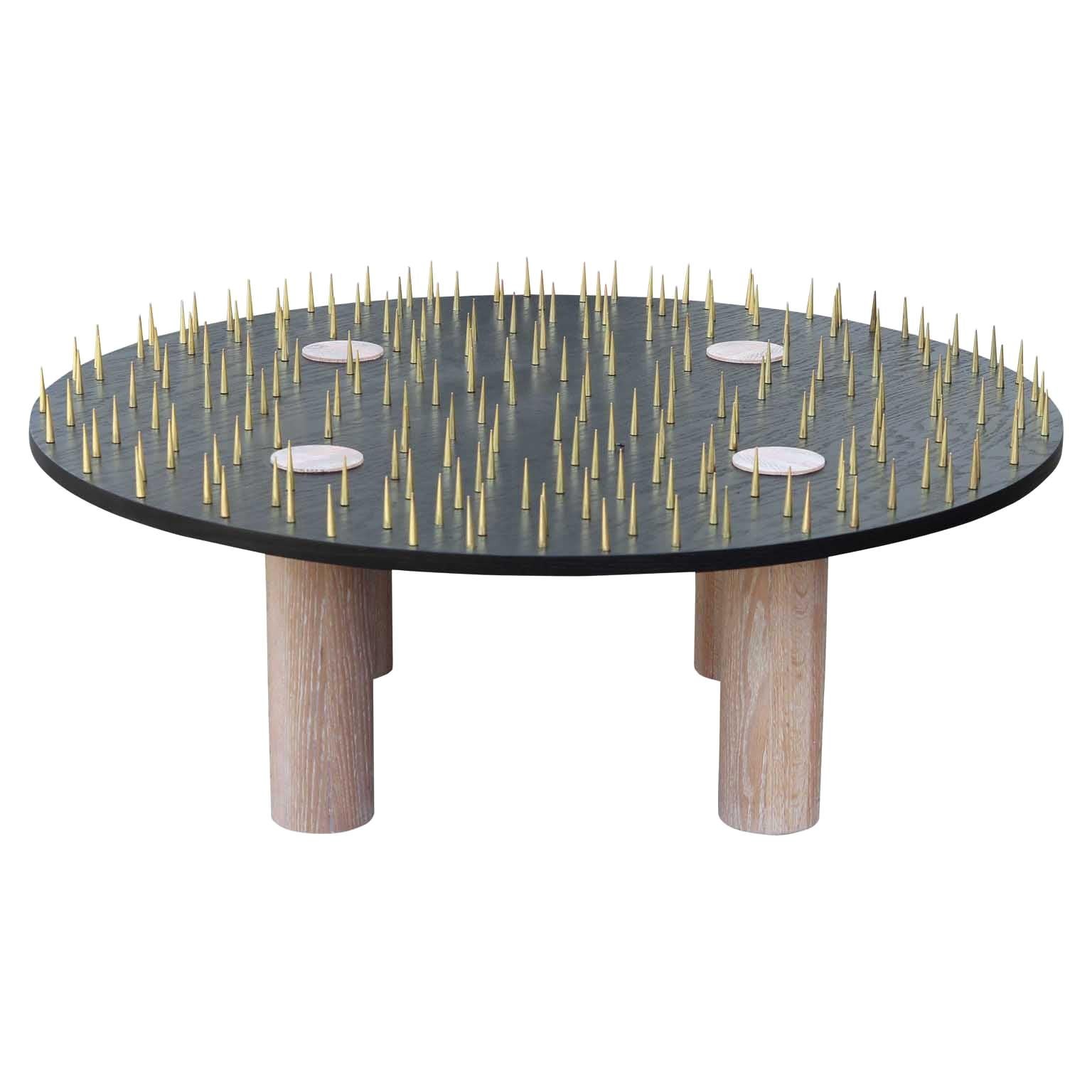 Brutalist Brass Spiked Custom Round Postmodern Black Coffee Table