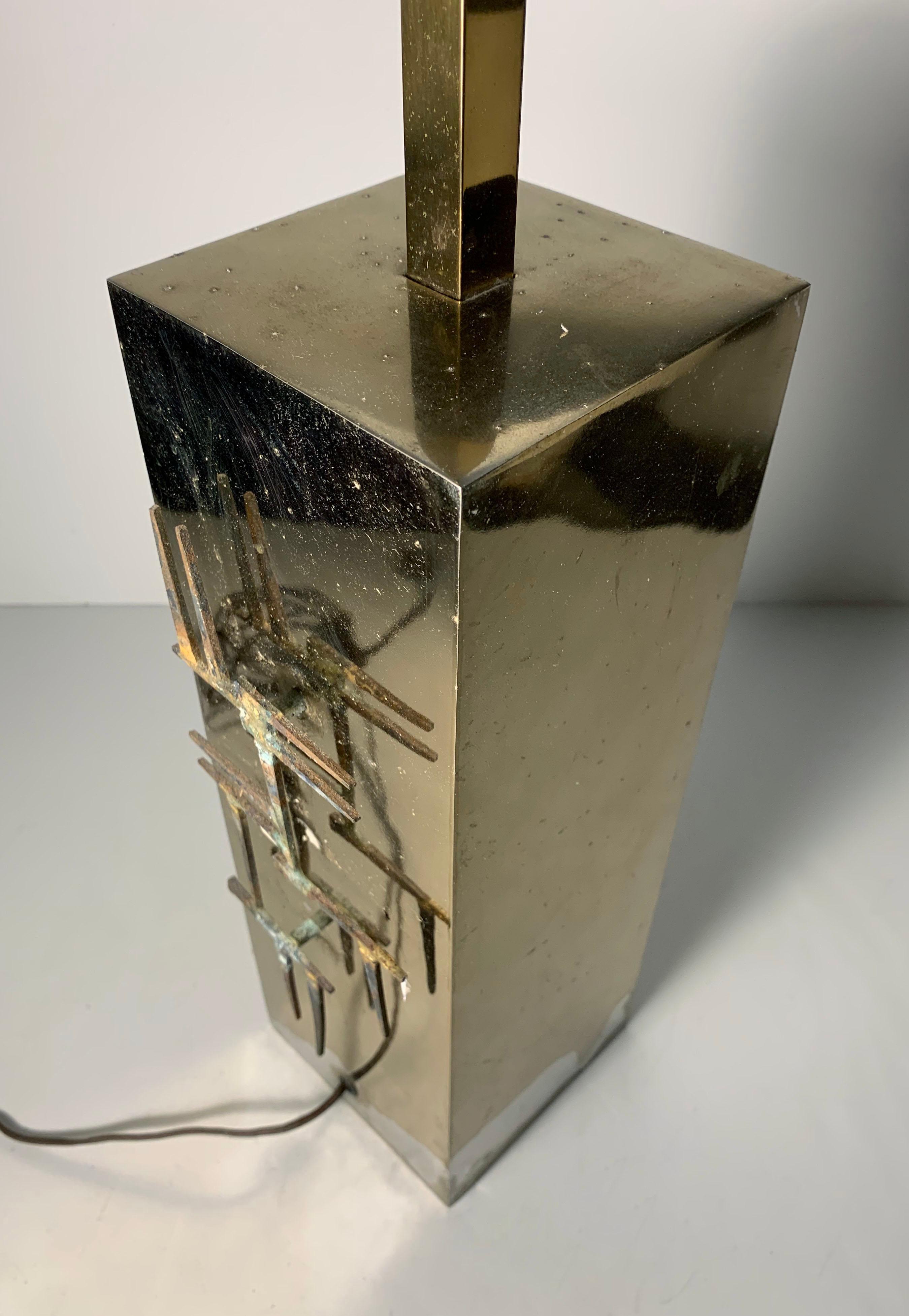 20th Century Brutalist Brass Table Lamp with Abstract Nail Applique Relief by Laurel For Sale