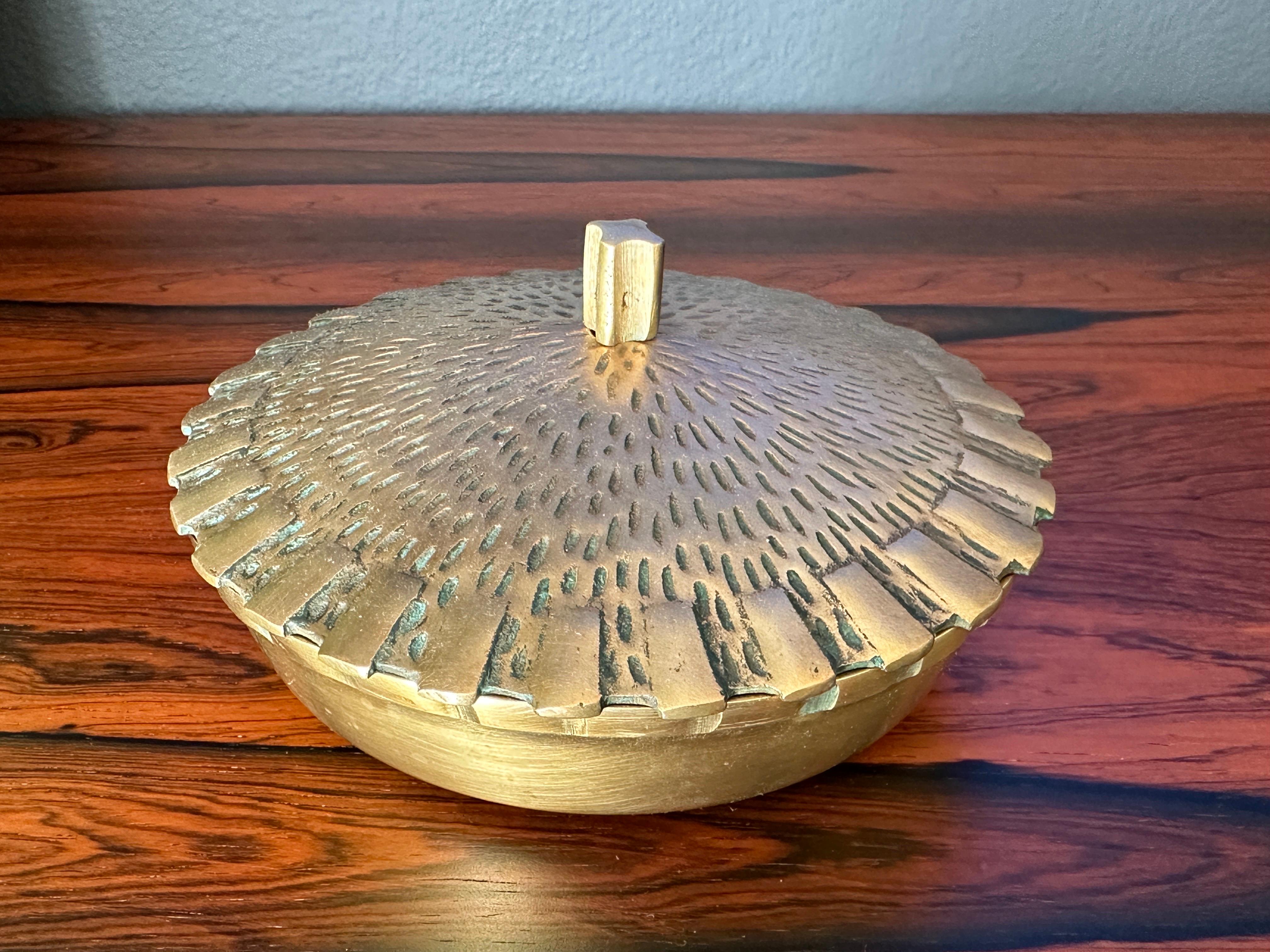 Patinated Brutalist Brass Trinket Bowl Box