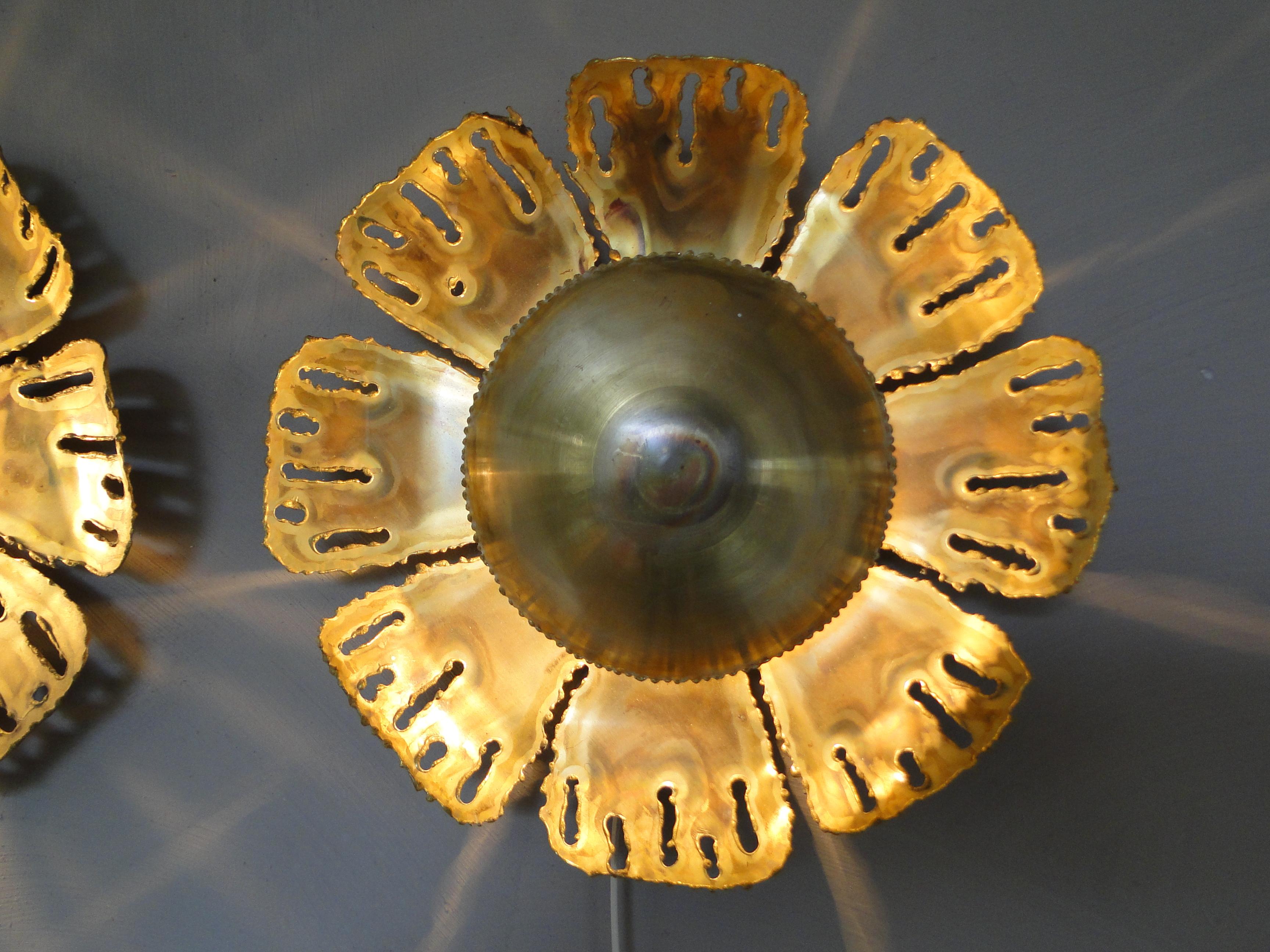 Danish Pair Brutalist Brass Wall Lamps by Svend Aage Holm Sorensen 1960 Denmark For Sale