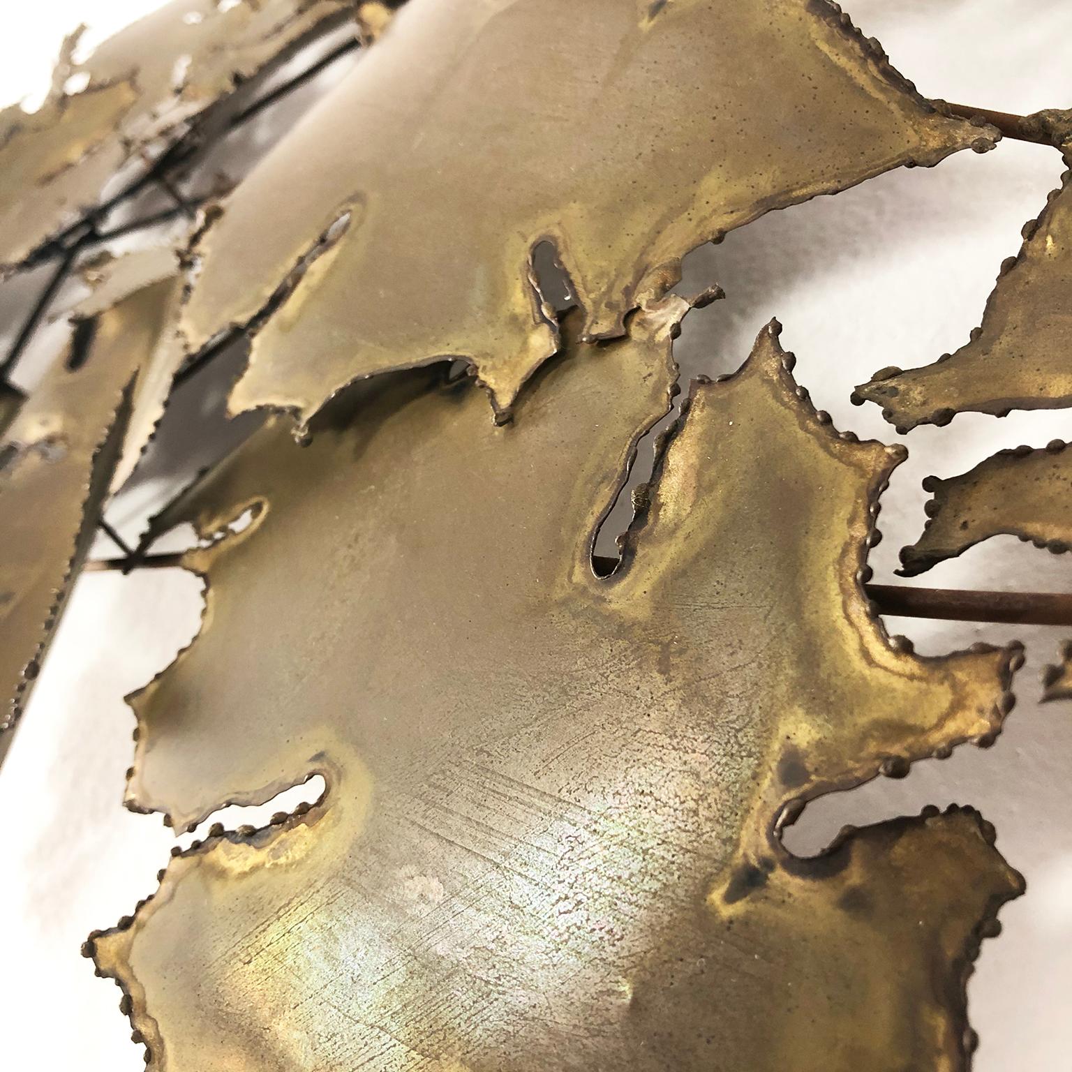 Mexican Brutalist Brass Wall Sculpture in Leaves Form For Sale