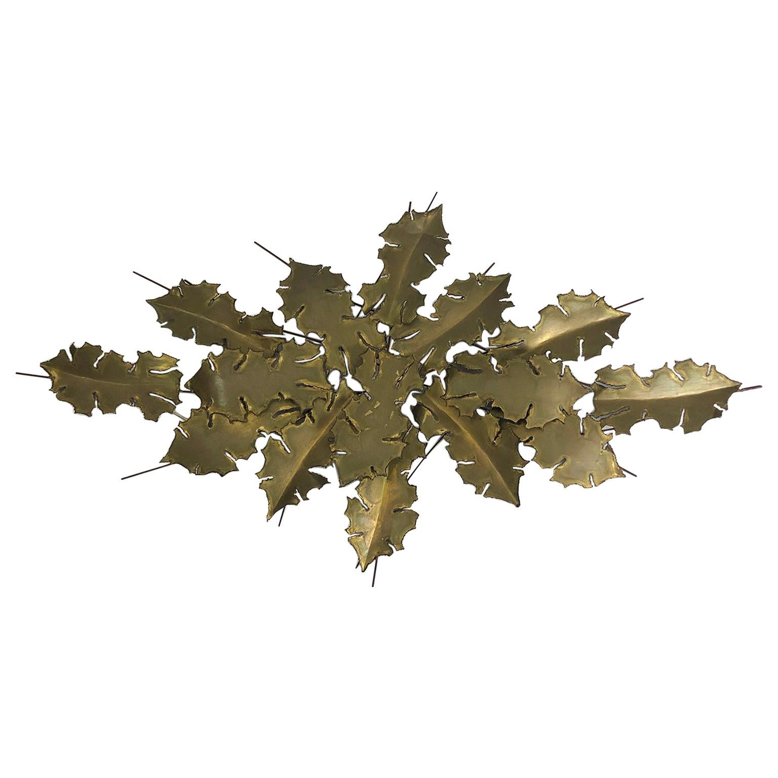 Brutalist Brass Wall Sculpture in Leaves Form For Sale