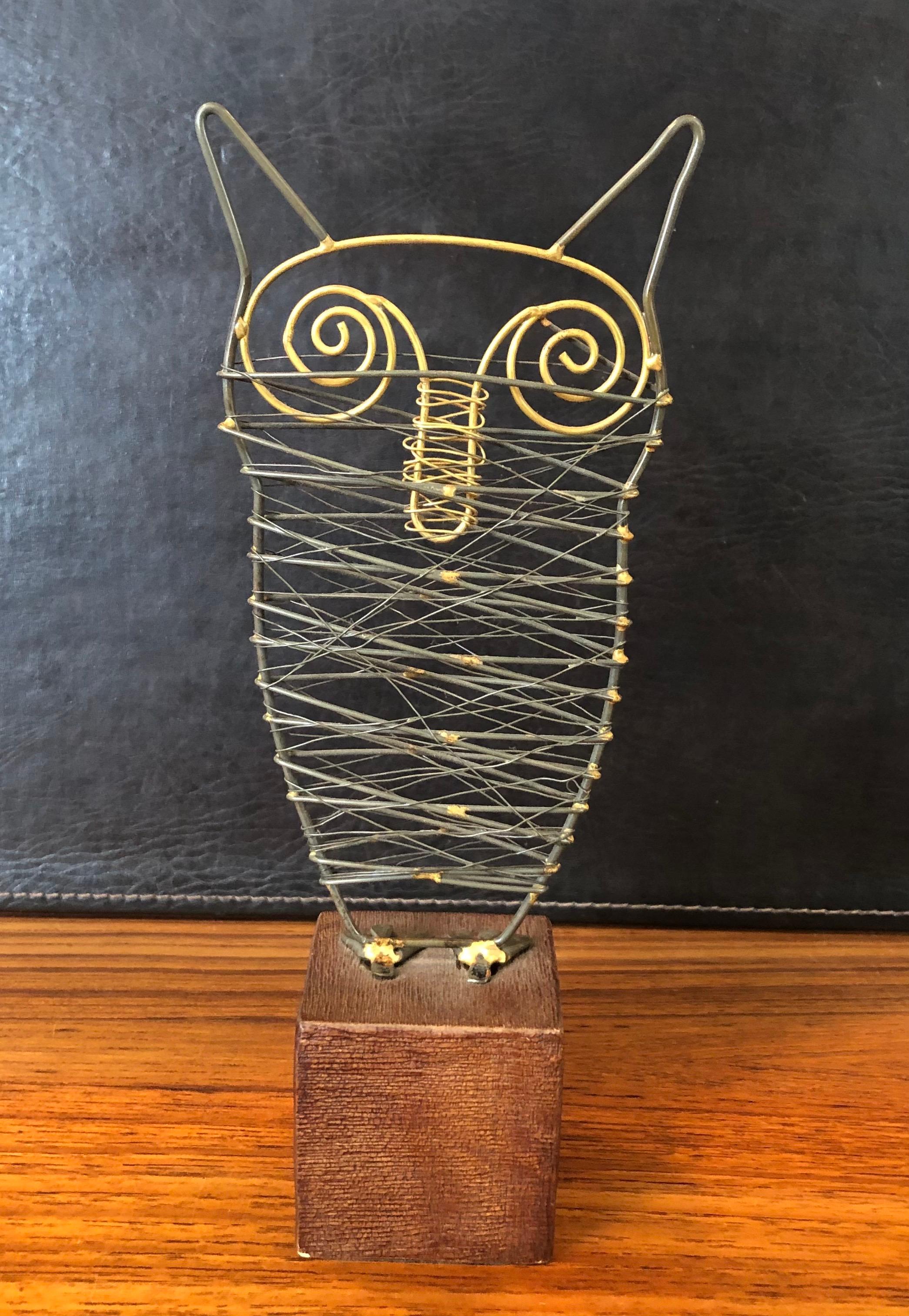 20th Century Brutalist Brass Welded Metal Owl Sculpture on Wood Base For Sale