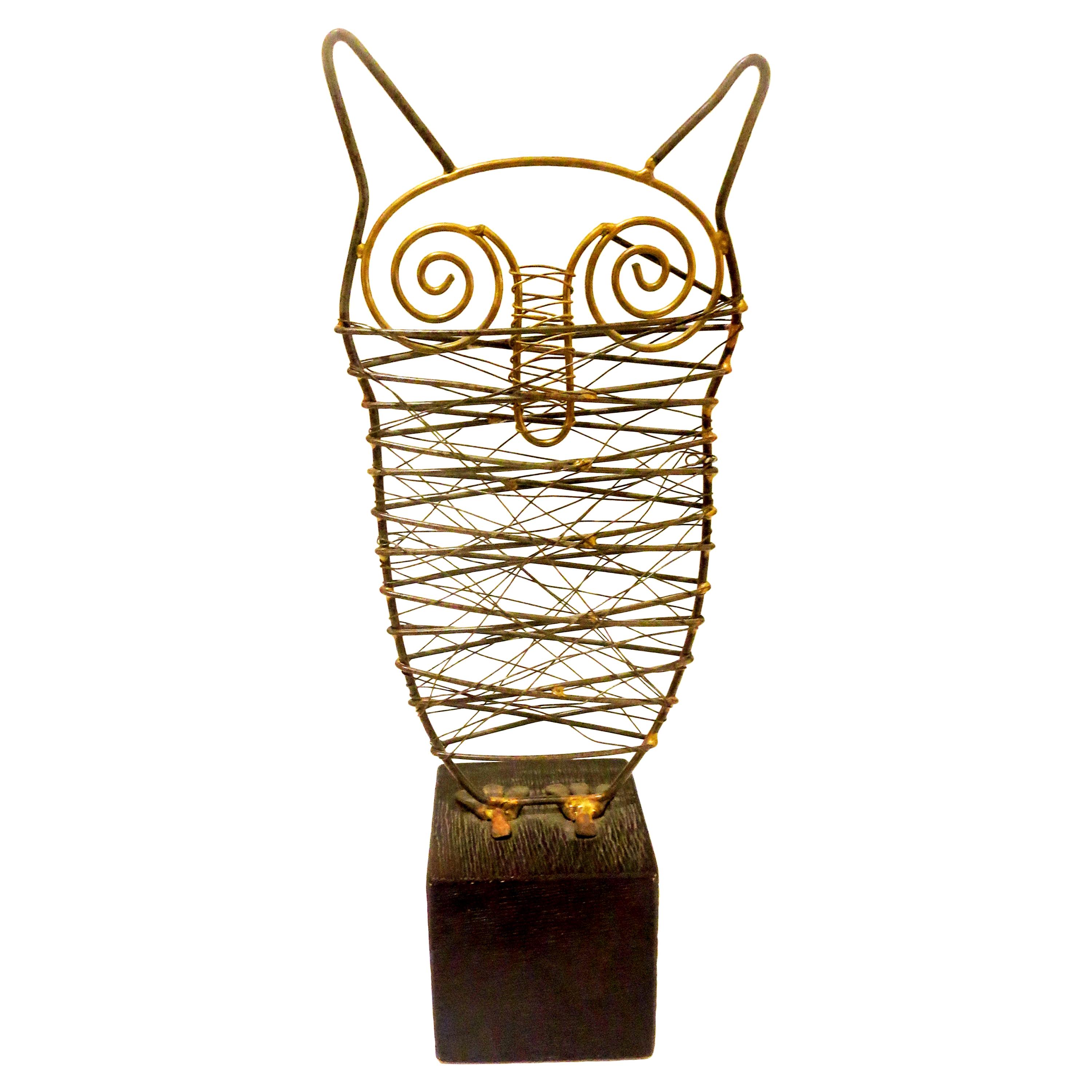Brutalist Brass Welded Metal Owl Sculpture on Wood Base For Sale