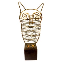 Vintage Brutalist Brass Welded Metal Owl Sculpture on Wood Base