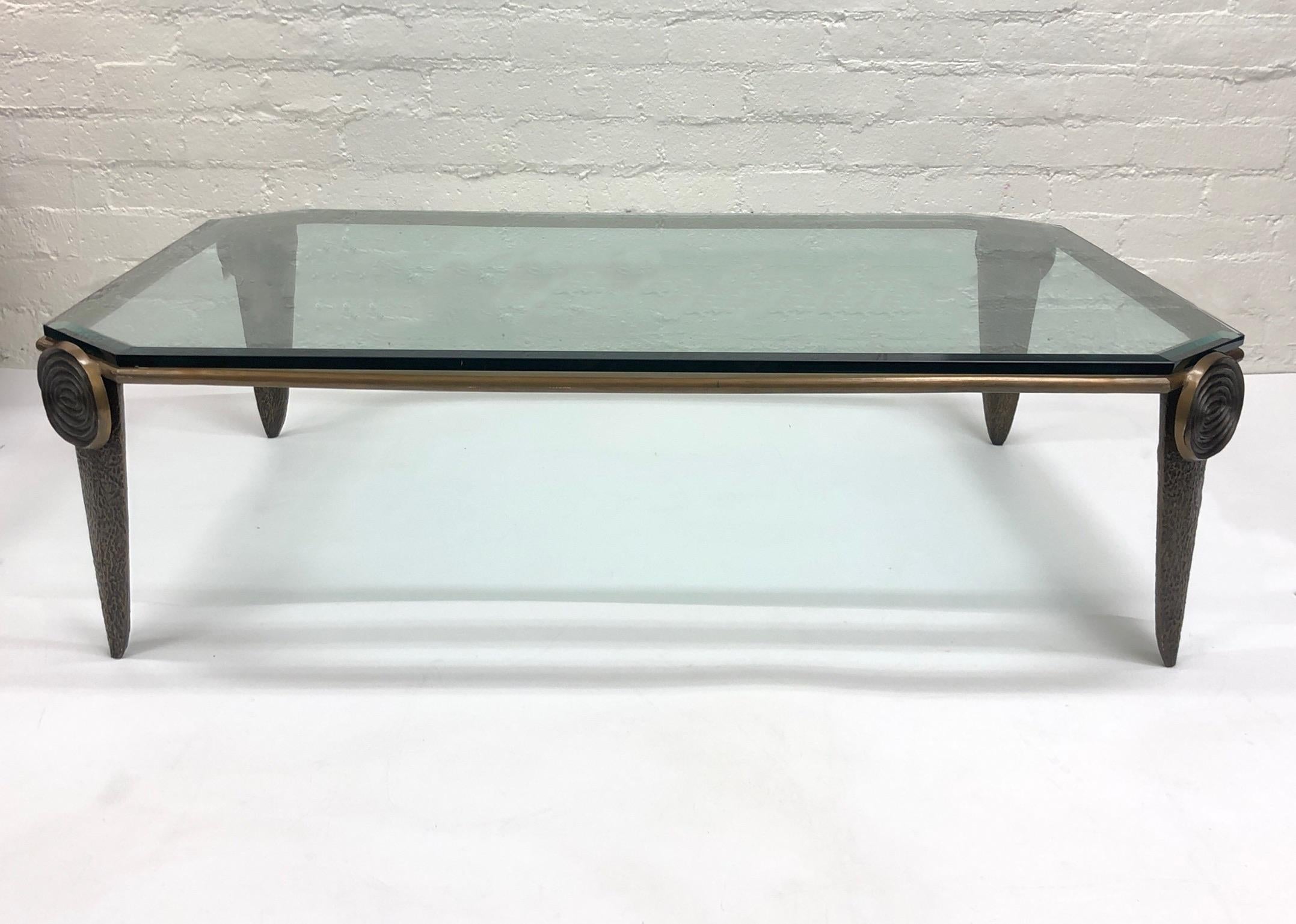 Brutalist Bronze and Glass Coffee Table by Tom Corbin 5