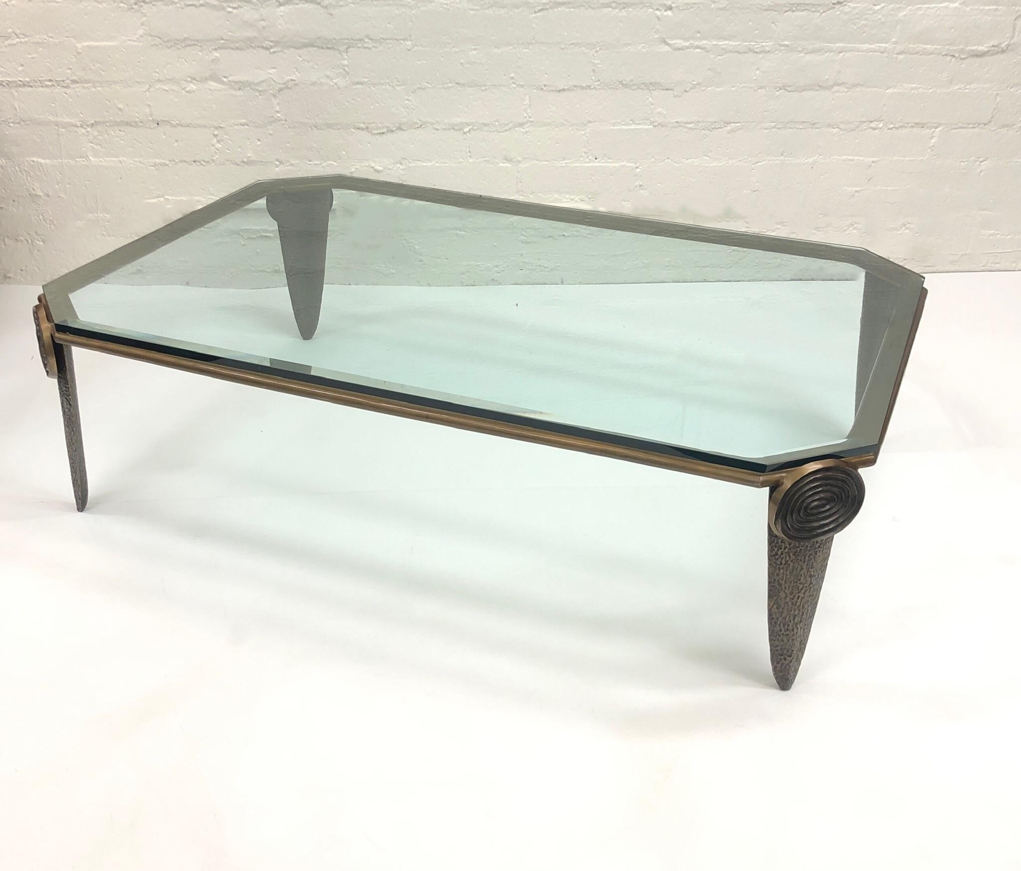 Brutalist Bronze and Glass Coffee Table by Tom Corbin 1