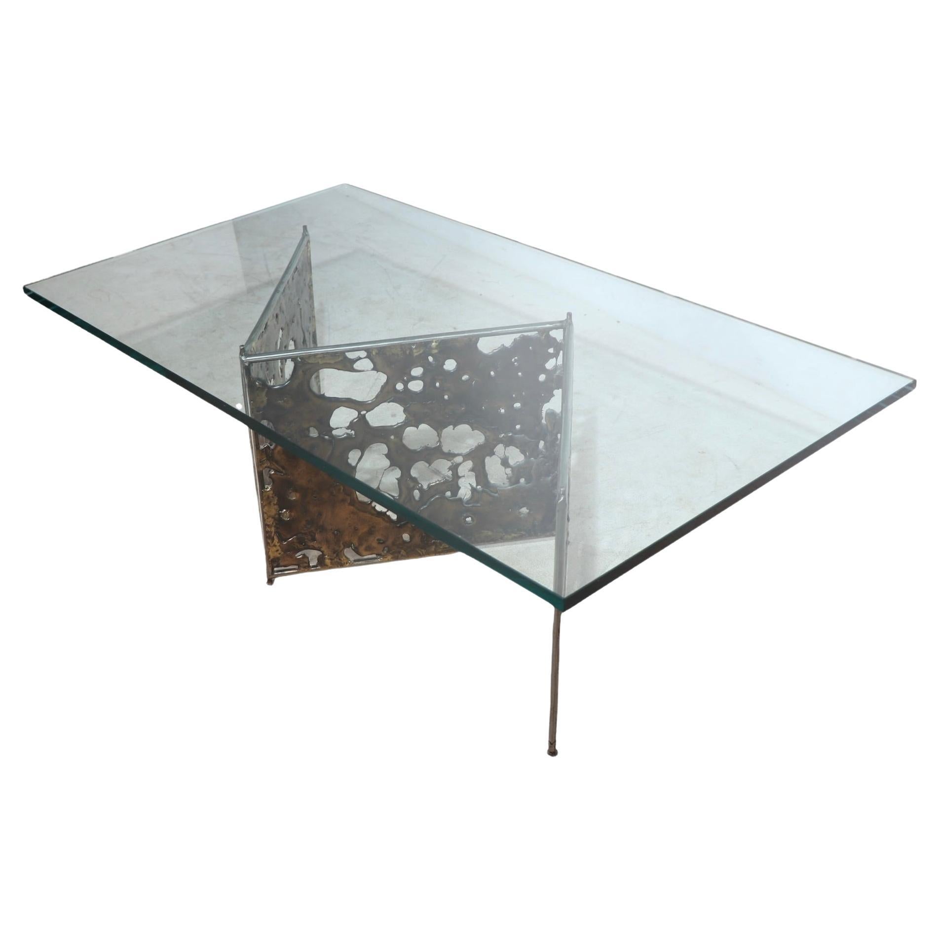 American Brutalist Bronze and Glass Coffee Table Signed Silias Seandel 88