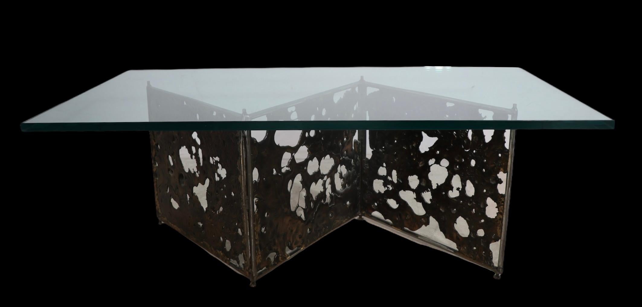 Brutalist Bronze and Glass Coffee Table Signed Silias Seandel 88 In Good Condition In New York, NY