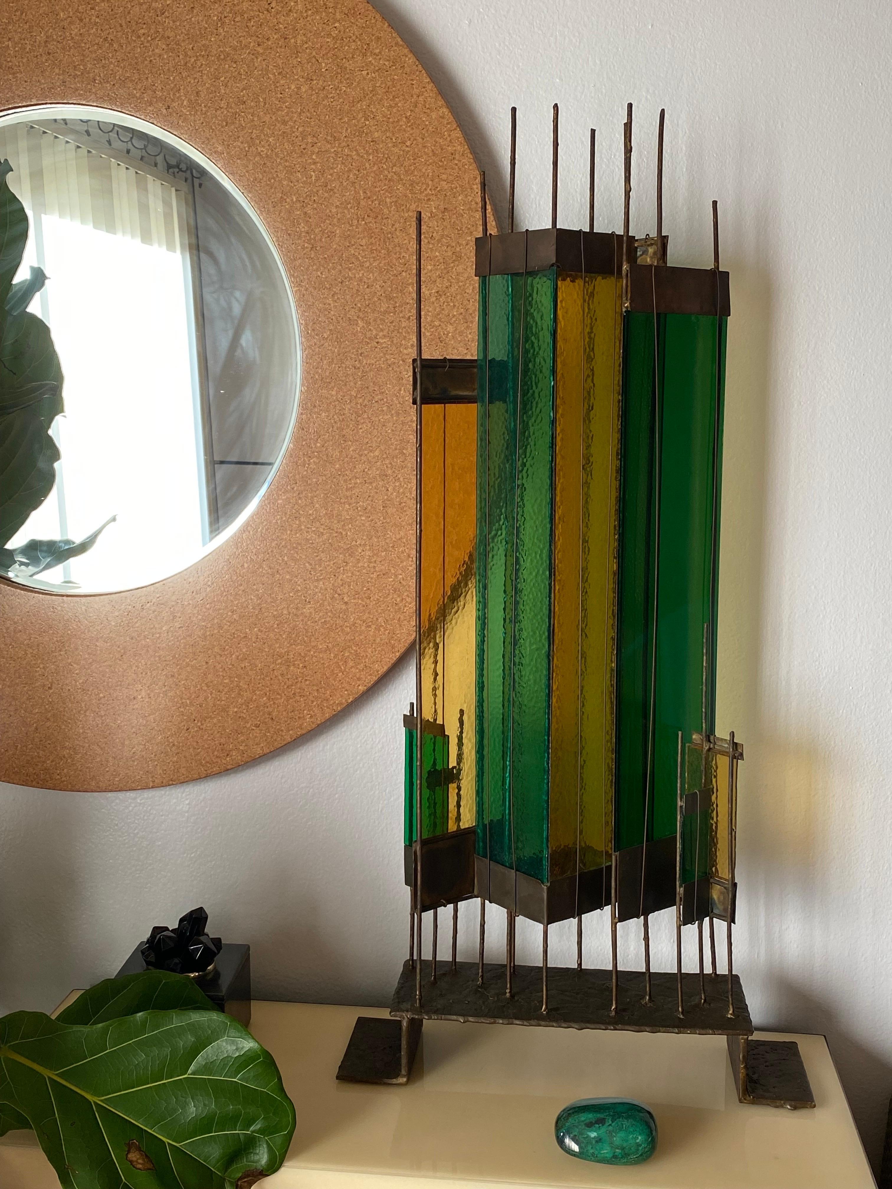Brutalist bronze and textured stained glass sculpture by SF Bay Area artist Ralph Halloway.