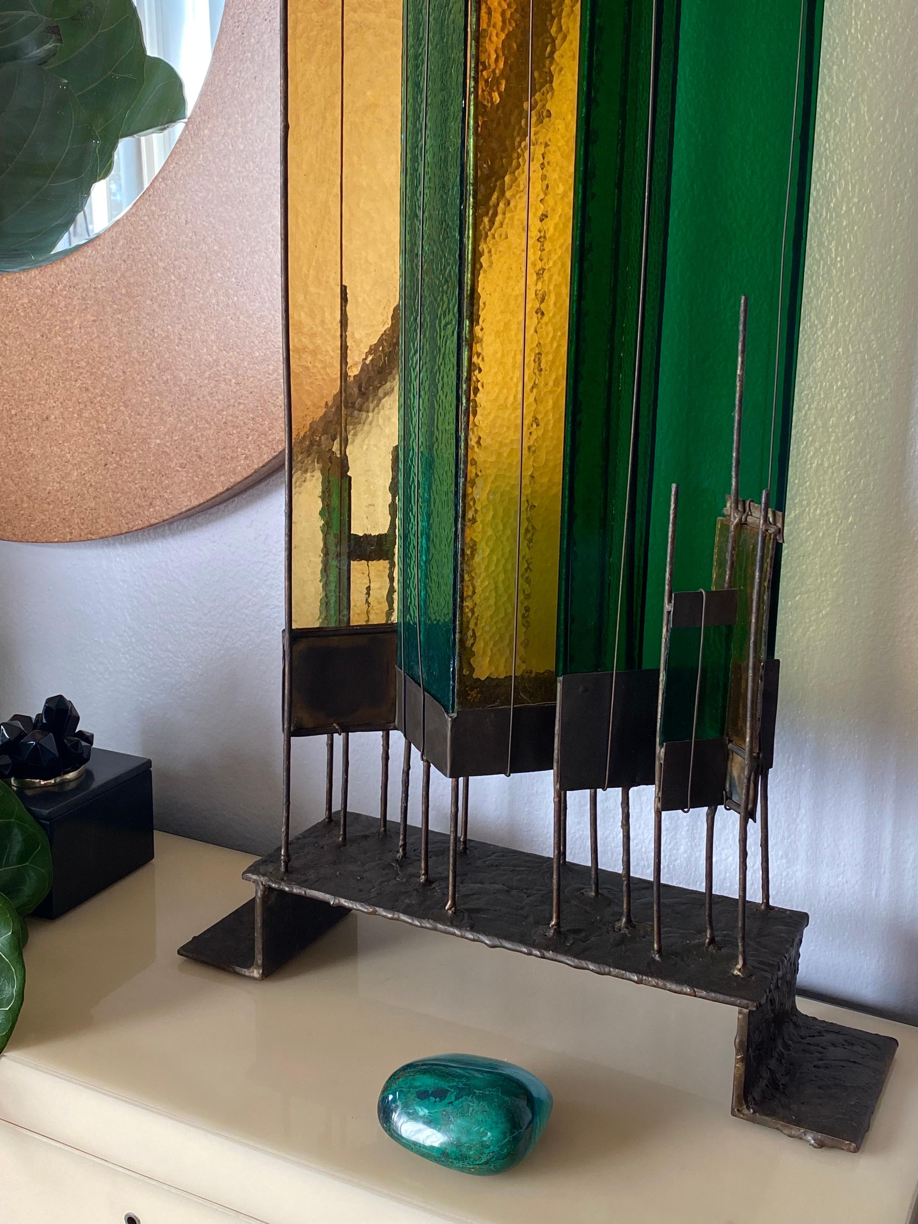 American Brutalist Bronze and Glass Sculpture For Sale