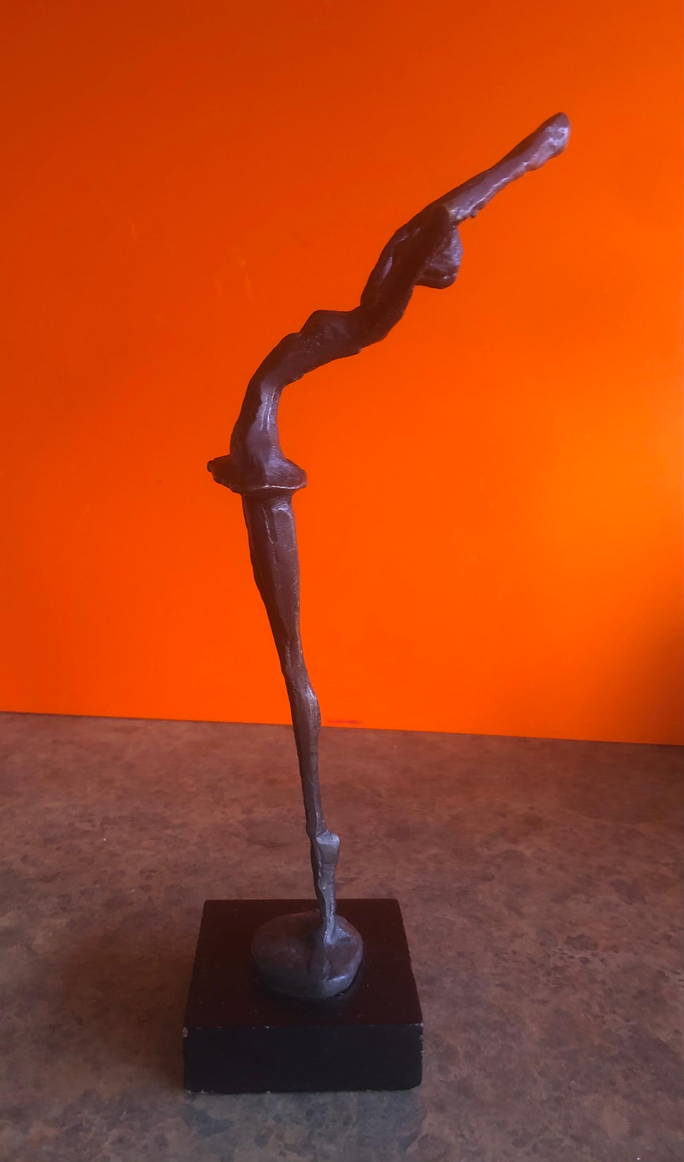 American Brutalist Bronze Ballerina Sculpture on Wood Base