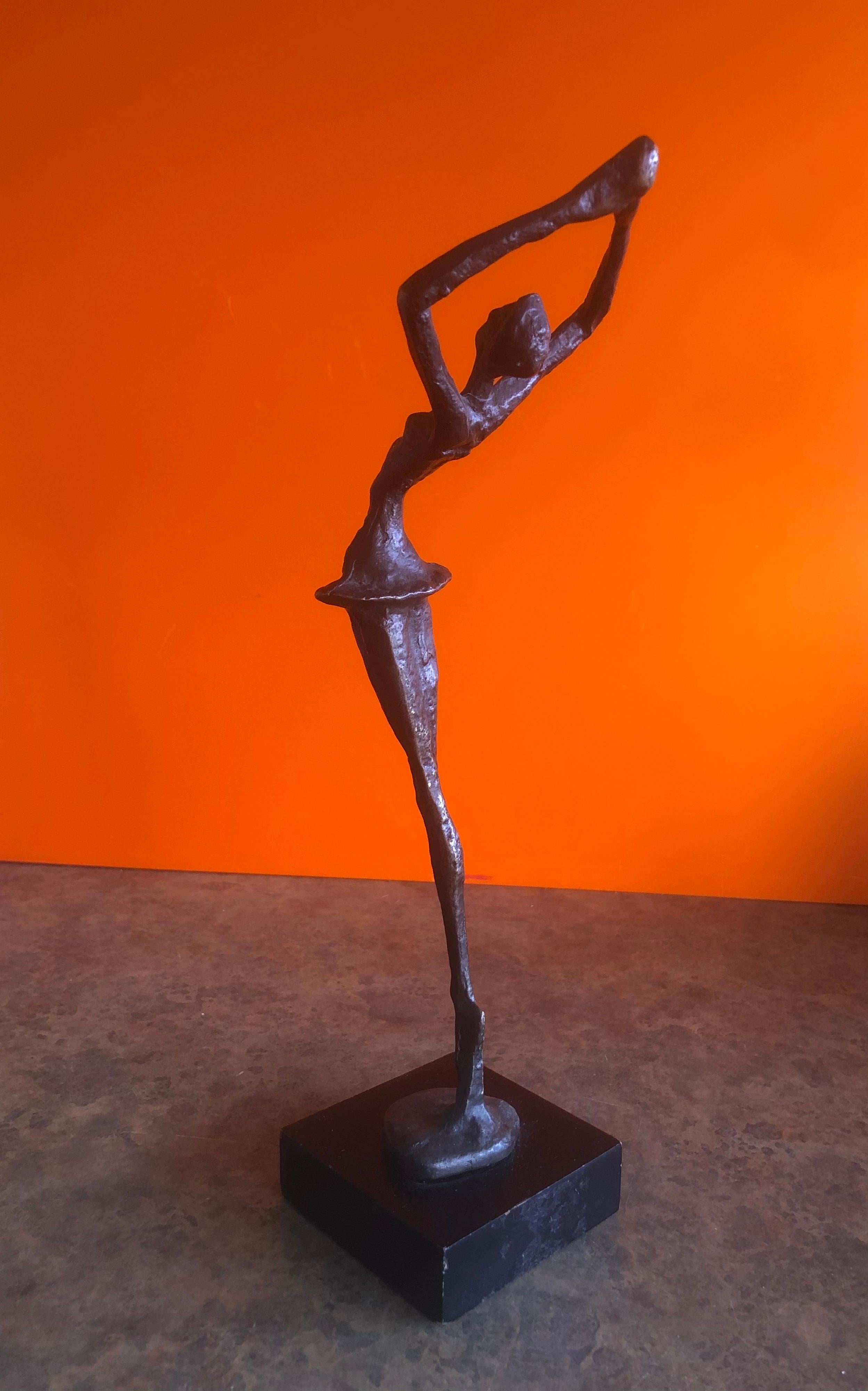 Brutalist Bronze Ballerina Sculpture on Wood Base In Good Condition In San Diego, CA
