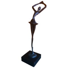 Brutalist Bronze Ballerina Sculpture on Wood Base