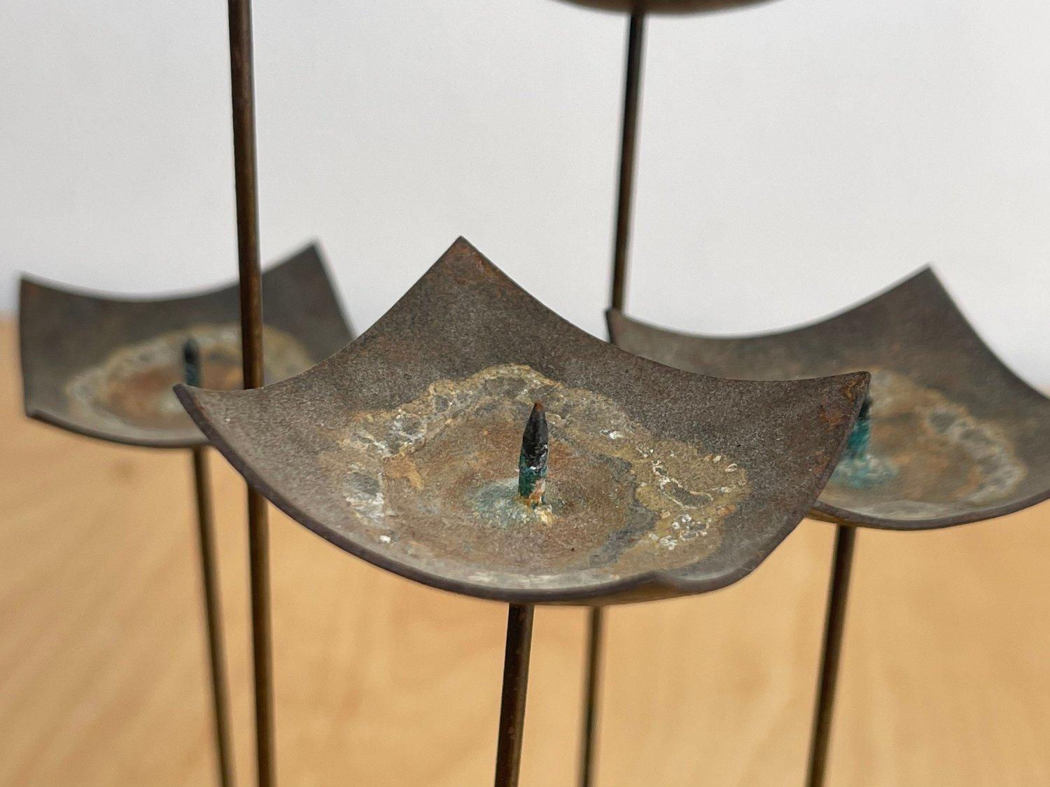 Metal Brutalist Bronze Candelabra, c 1950s Modernist Sculptural Candleholder For Sale