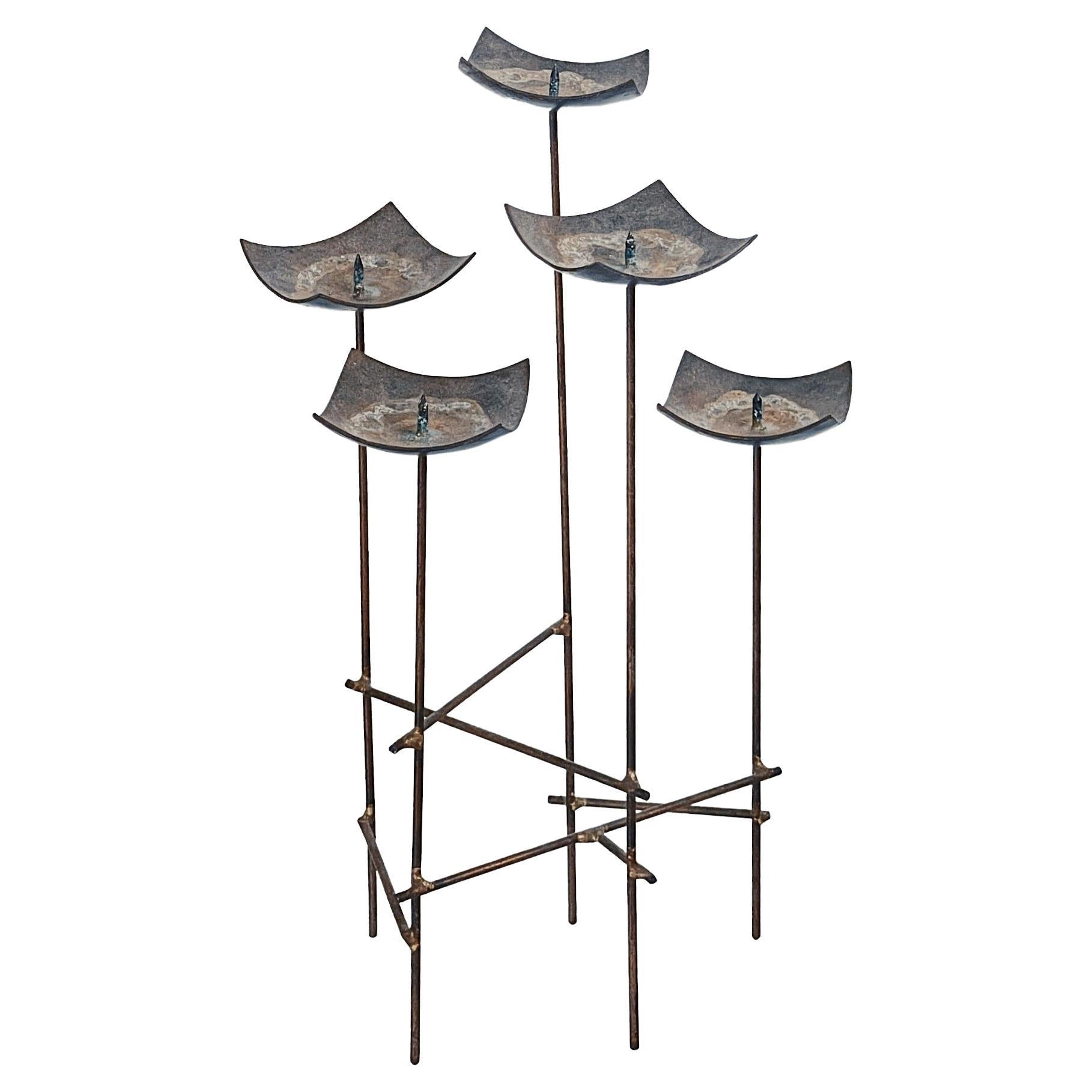 Brutalist Bronze Candelabra, c 1950s Modernist Sculptural Candleholder For Sale