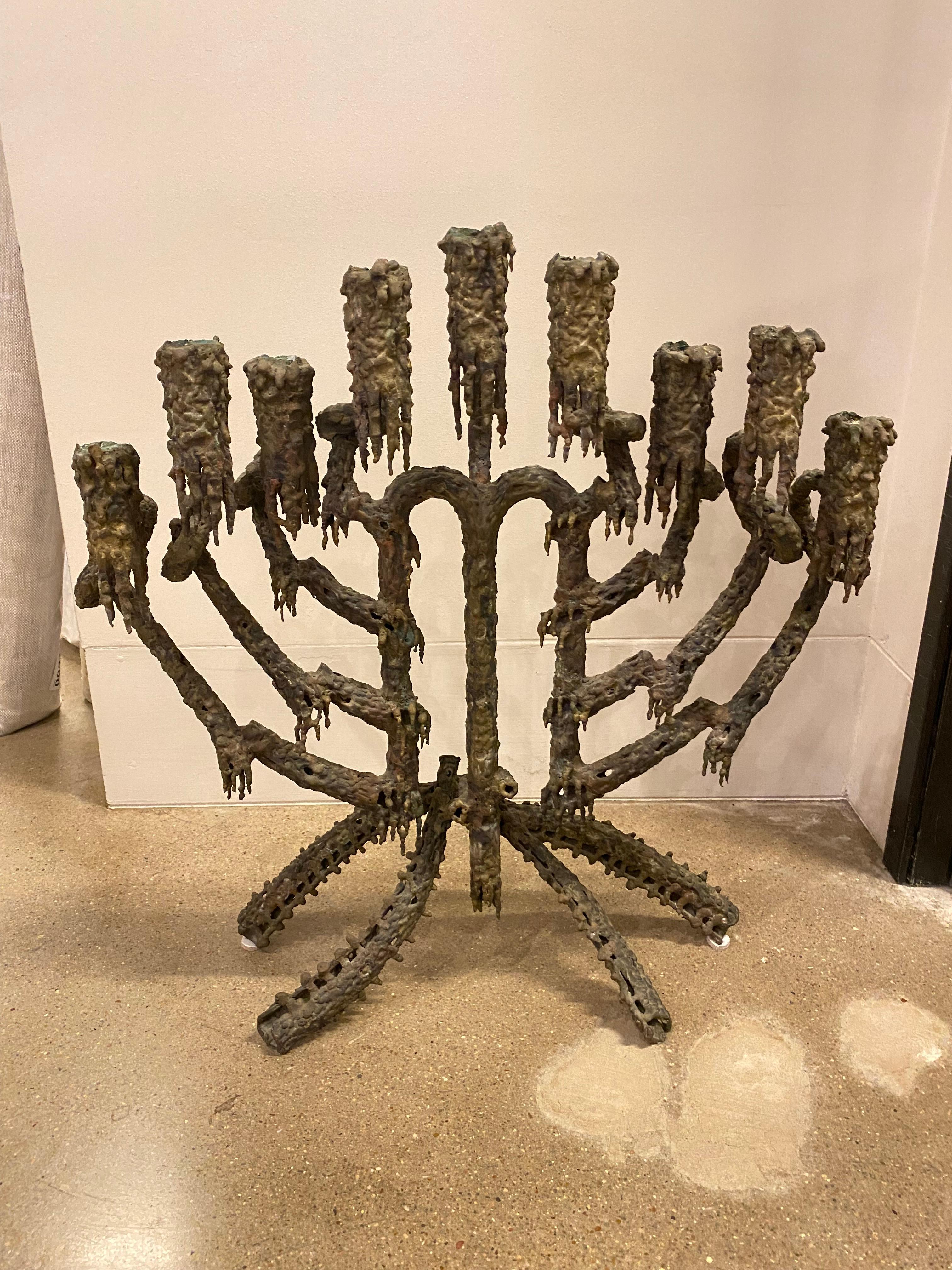 Solid bronze menorah candelabra for nine candles. Extraordinary piece of Brutalist design by California artist, Daniel Gluck. 1970's.