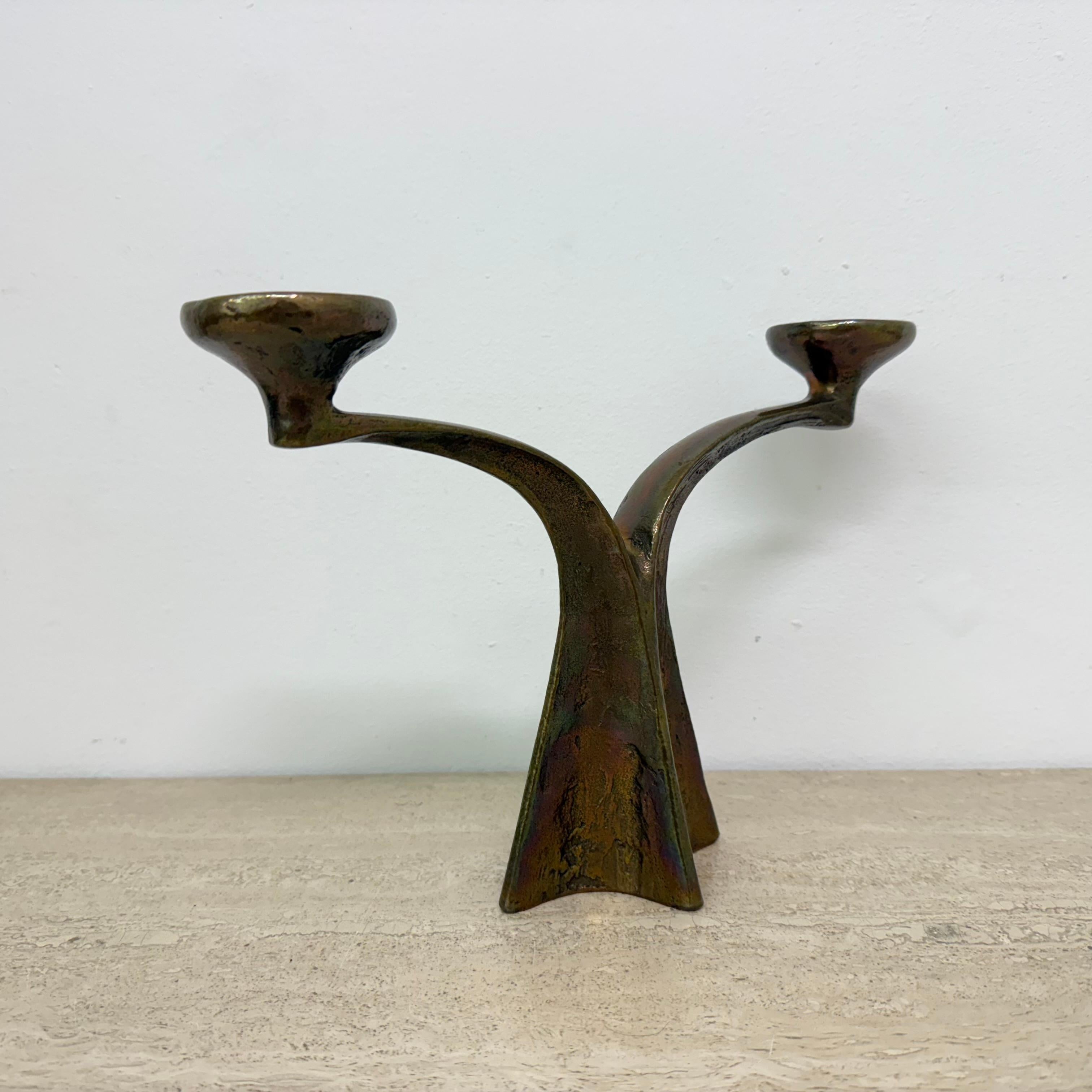Bronze Brutalist bronze candle stick by Michael Harjes , 1970s For Sale