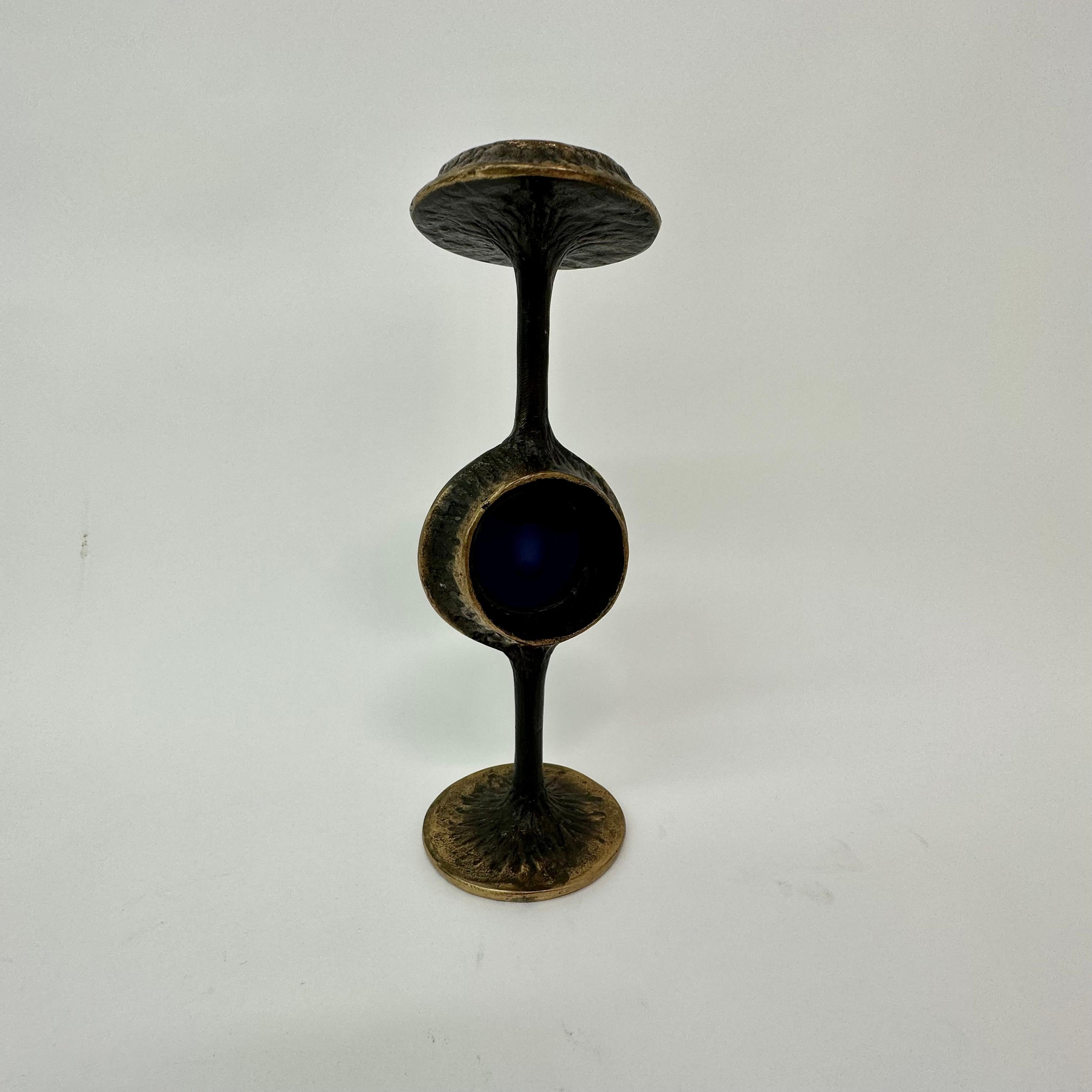 Brutalist bronze candle stick with blue crystal , 1970’s For Sale 3
