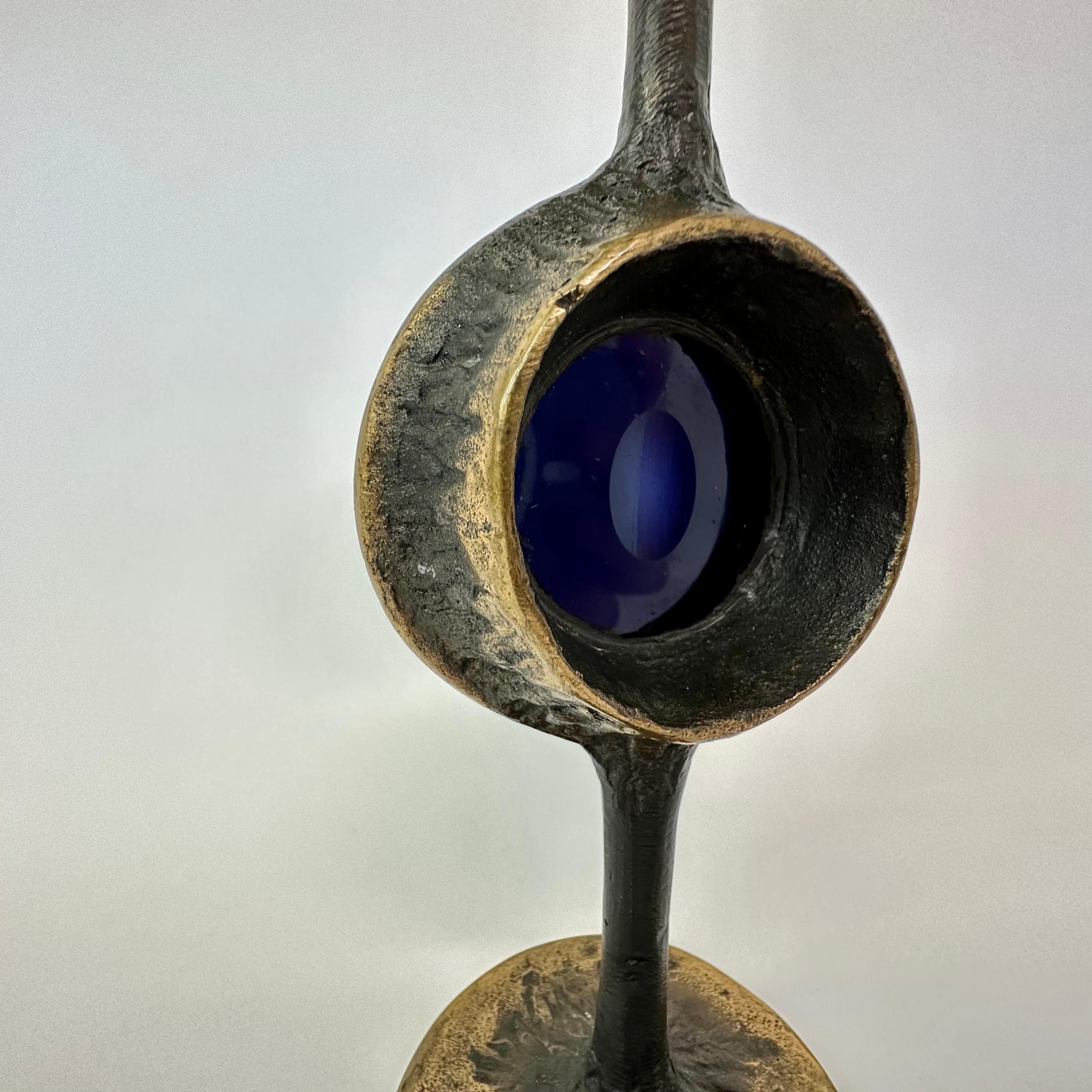 Brutalist bronze candle stick with blue crystal , 1970’s For Sale 5