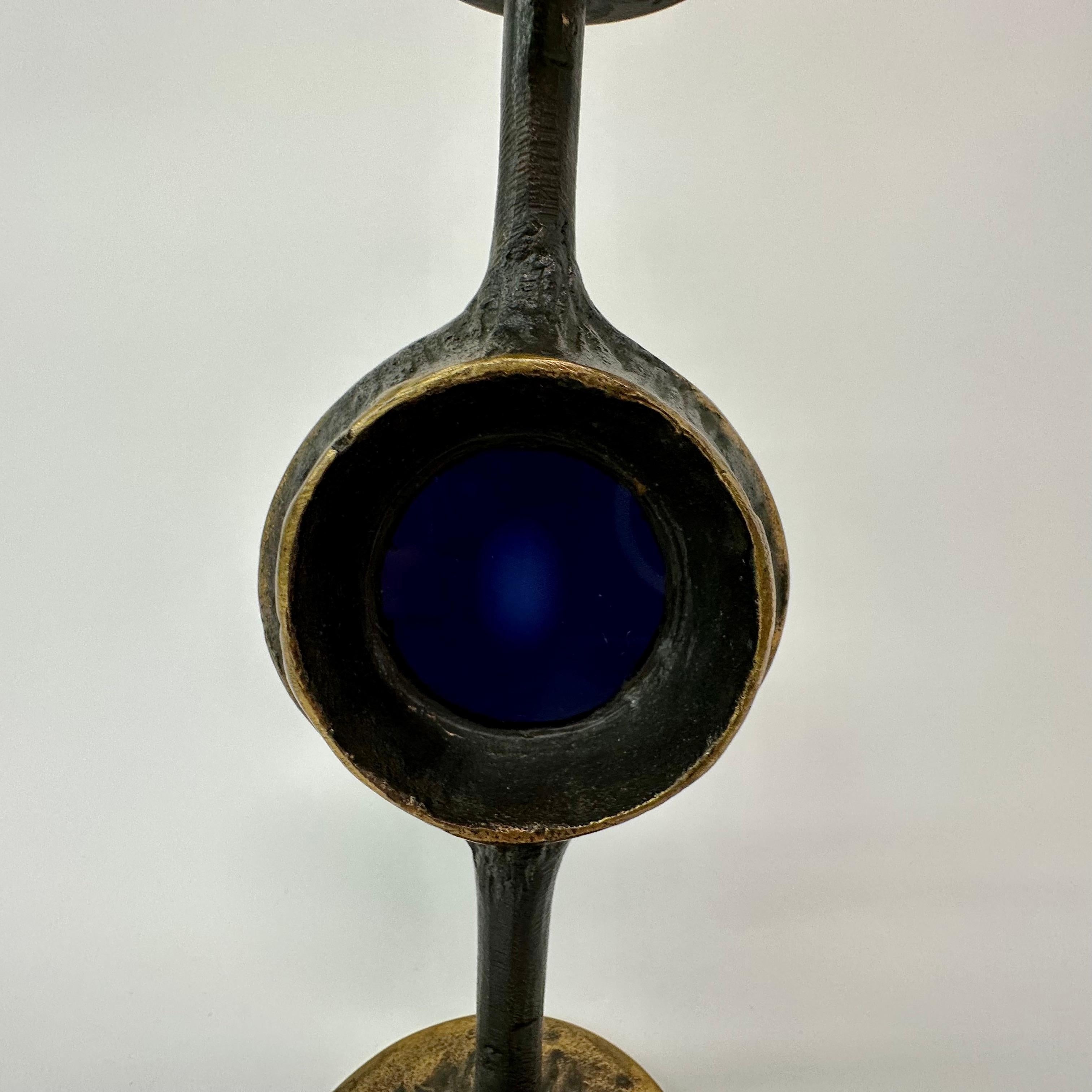 Brutalist bronze candle stick with blue crystal , 1970’s For Sale 6