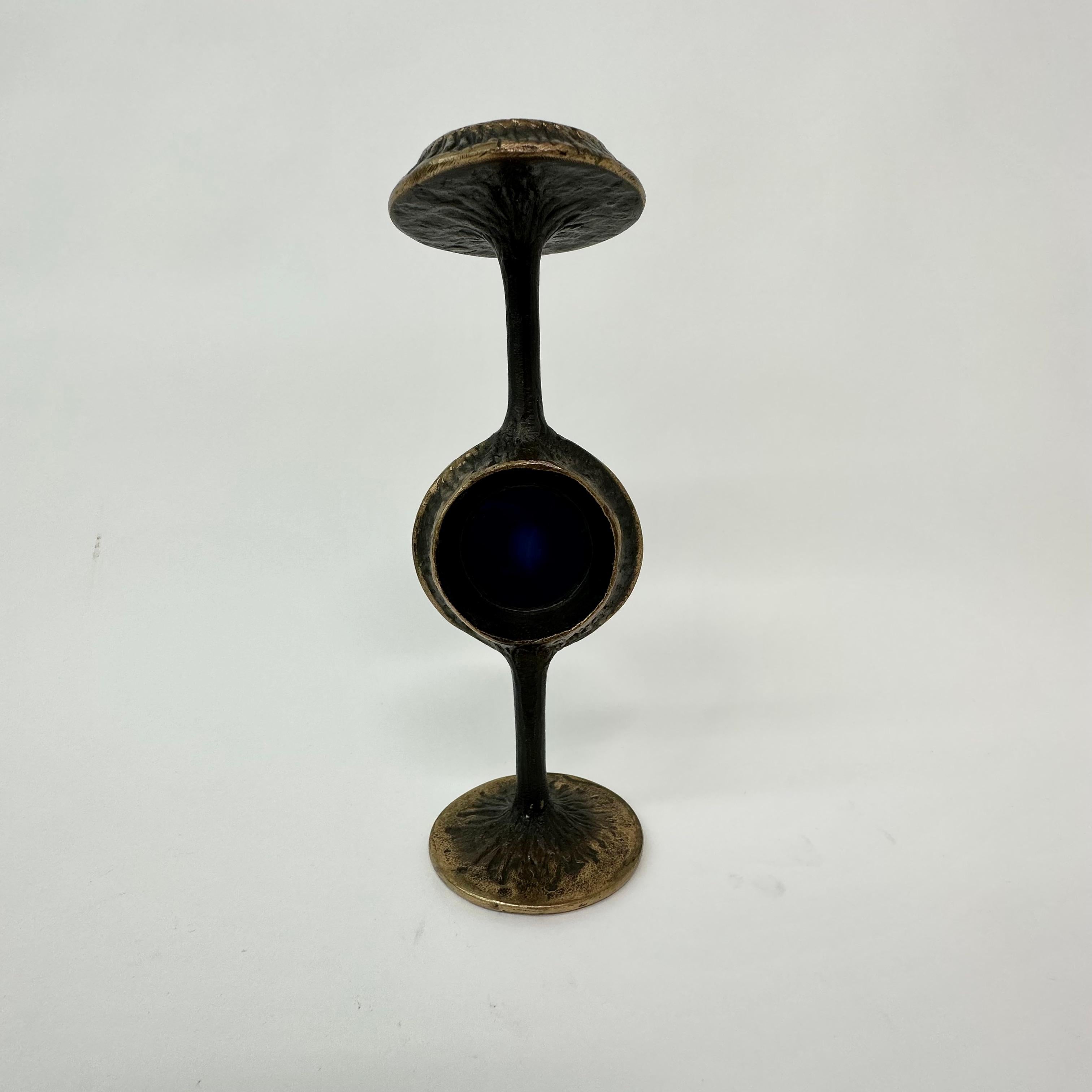 Mid-Century Modern Brutalist bronze candle stick with blue crystal , 1970’s For Sale