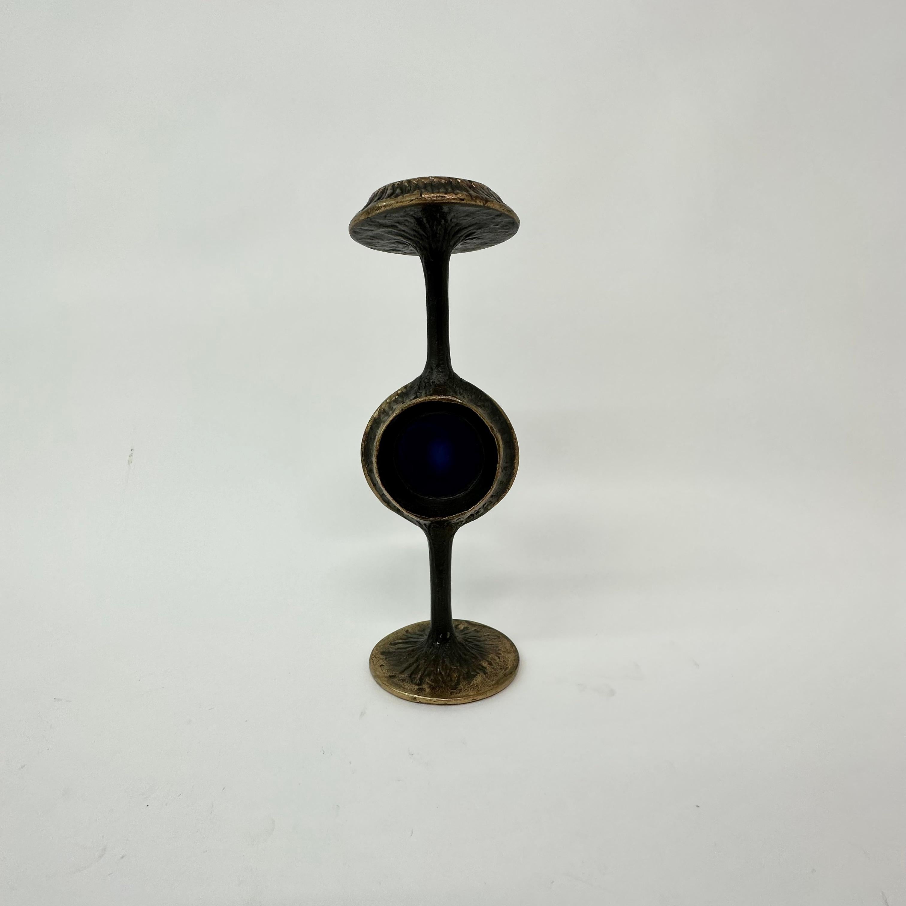 German Brutalist bronze candle stick with blue crystal , 1970’s For Sale
