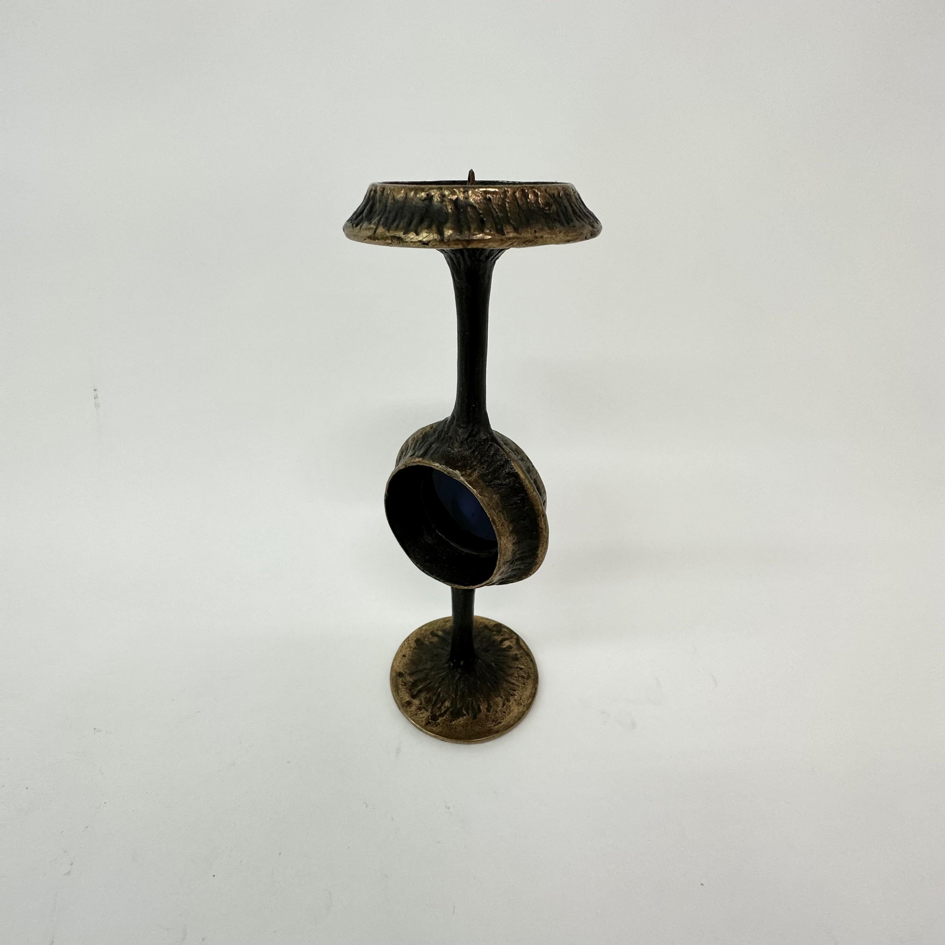 Late 20th Century Brutalist bronze candle stick with blue crystal , 1970’s For Sale