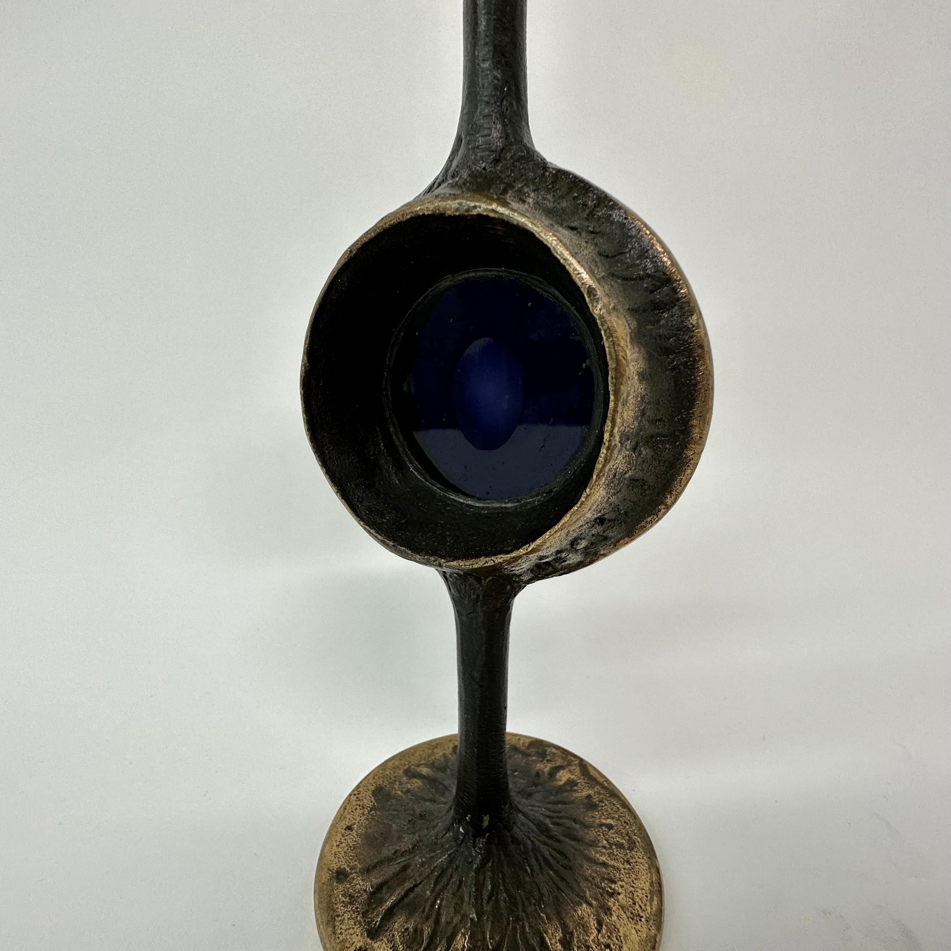 Bronze Brutalist bronze candle stick with blue crystal , 1970’s For Sale