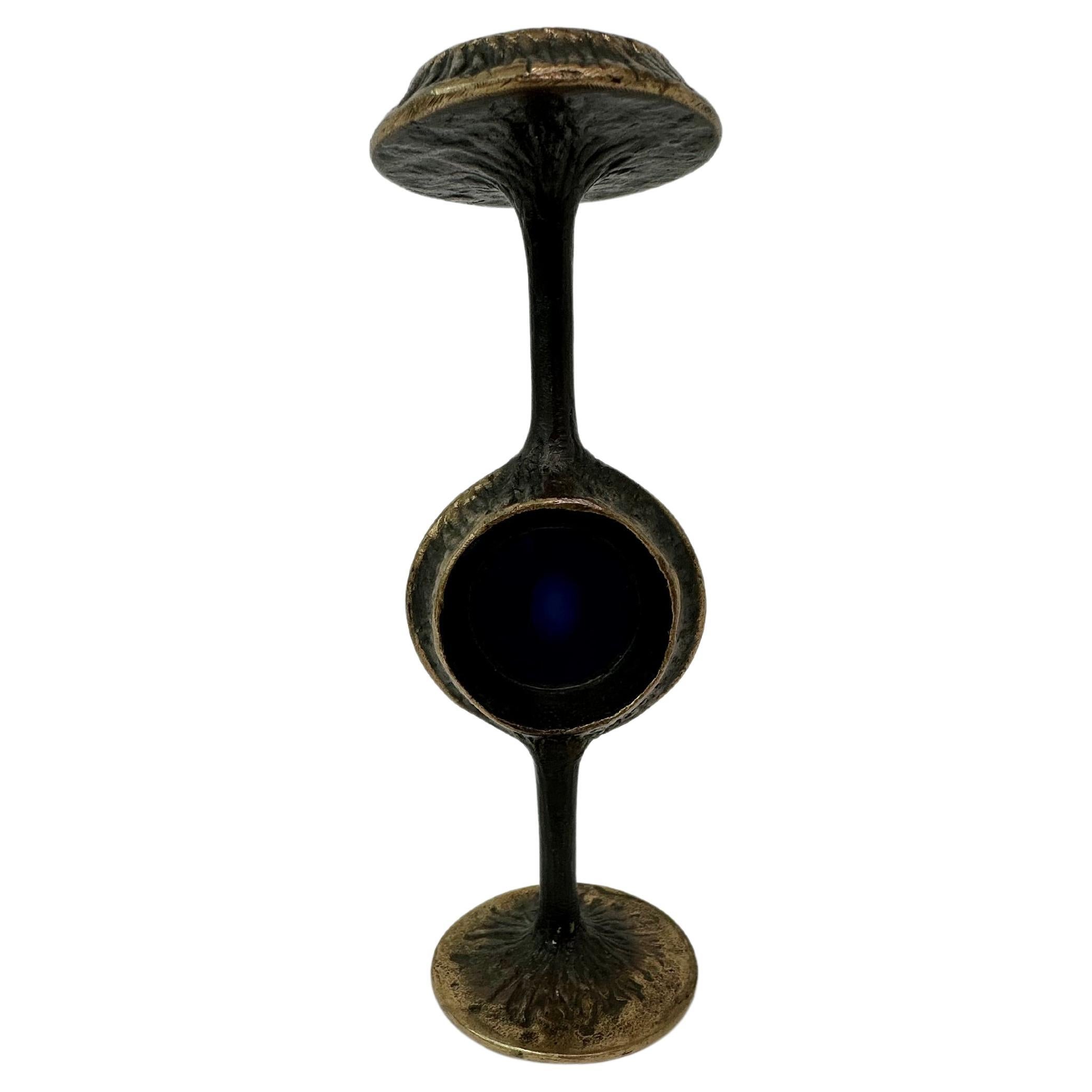 Brutalist bronze candle stick with blue crystal , 1970’s For Sale