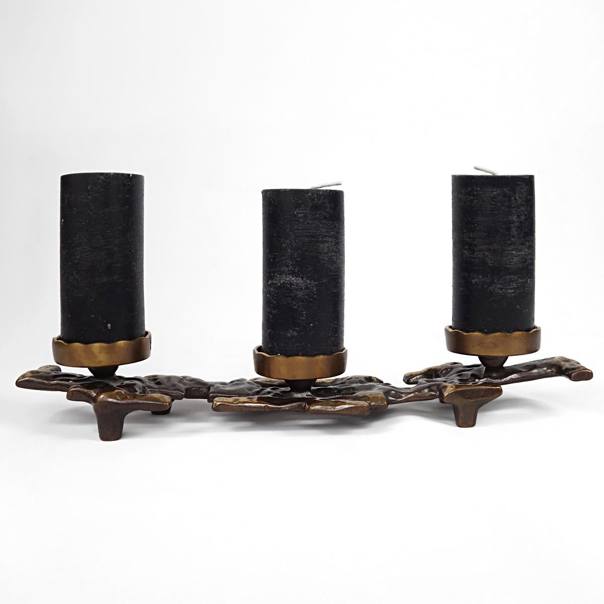 Dutch Brutalist Bronze Candlestick for 3 Large Candles For Sale