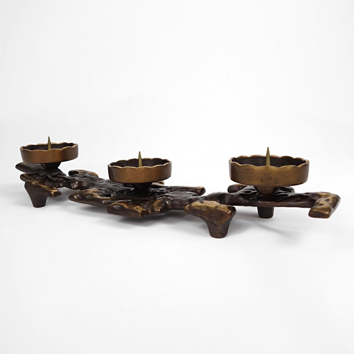 20th Century Brutalist Bronze Candlestick for 3 Large Candles For Sale