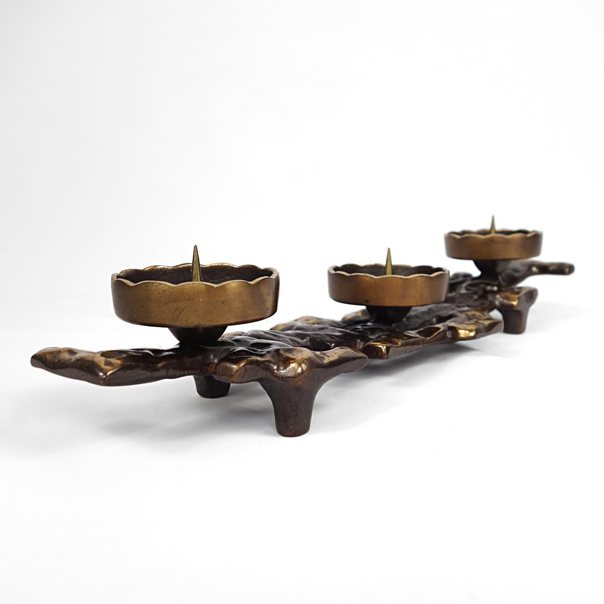 Brutalist Bronze Candlestick for 3 Large Candles For Sale 1