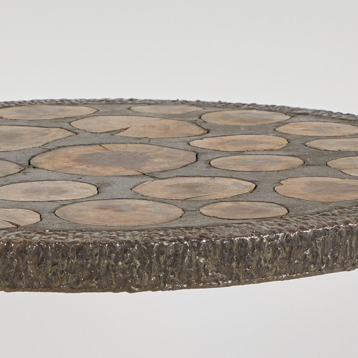 Mid-20th Century Brutalist Bronze Coffee Table with Inlaid Natural Wood from Mid-Century France