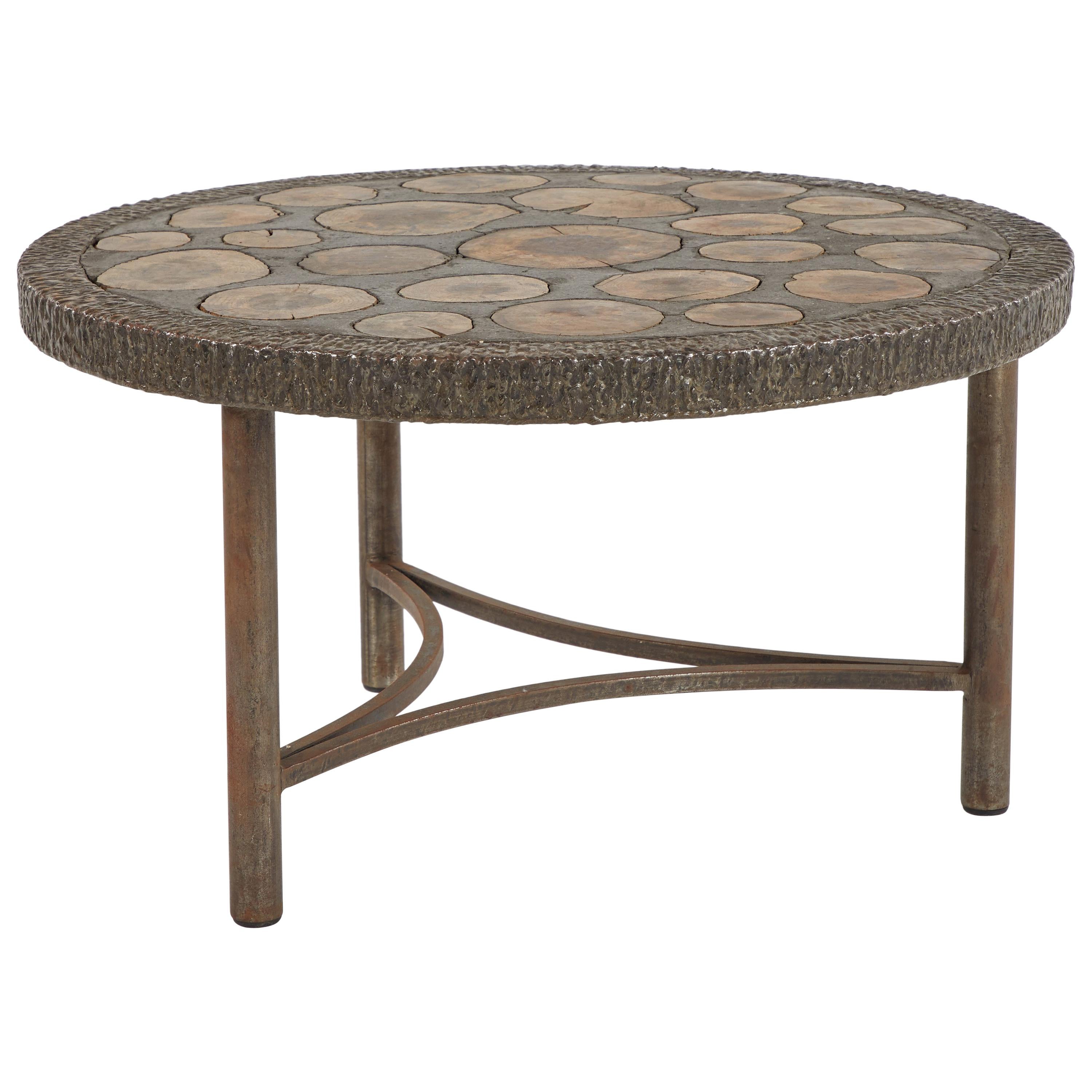 Brutalist Bronze Coffee Table with Inlaid Natural Wood from Mid-Century France