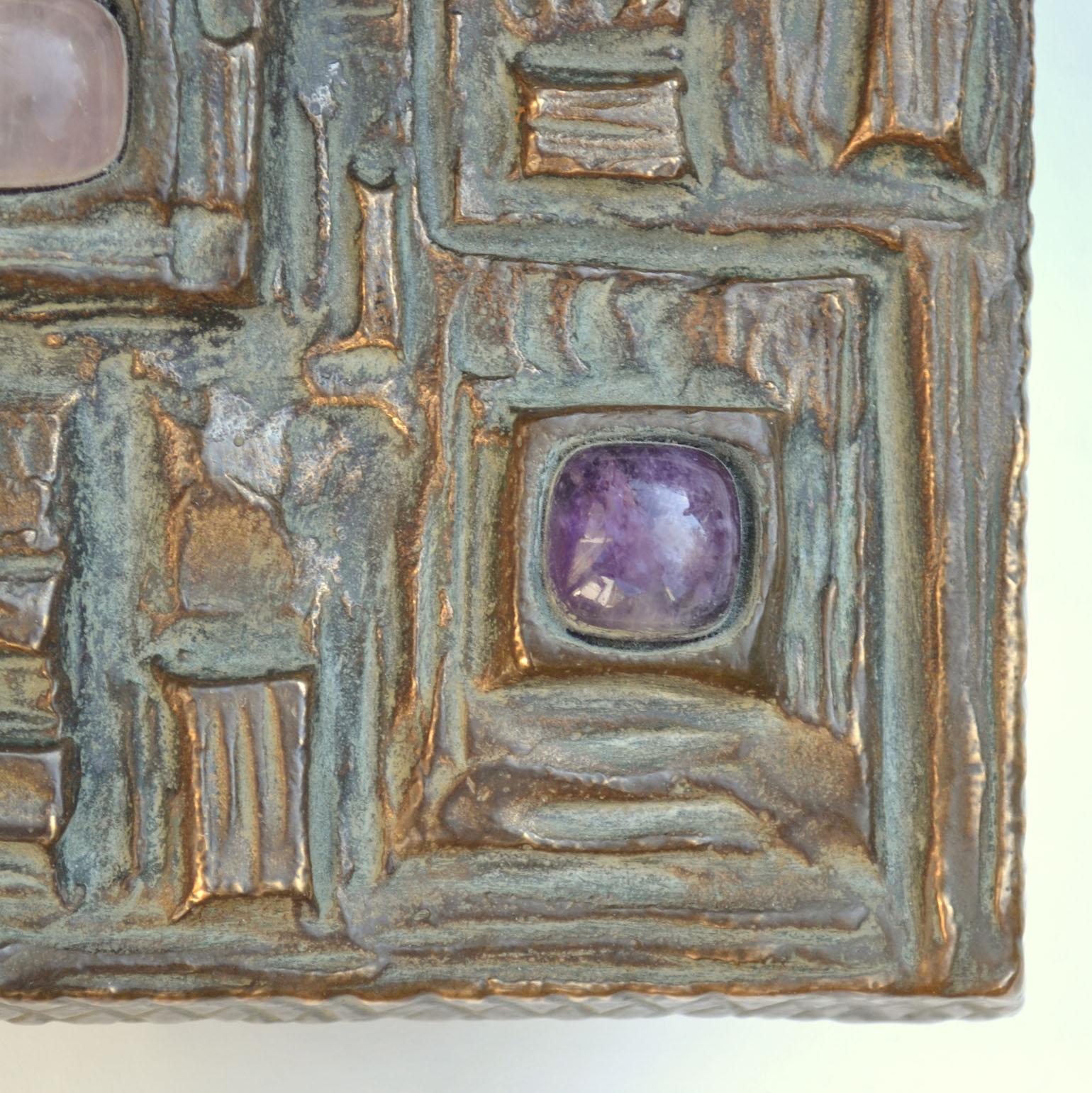 Brutalist Bronze Door Handle with Semi Precious Stones and Abstract Relief 