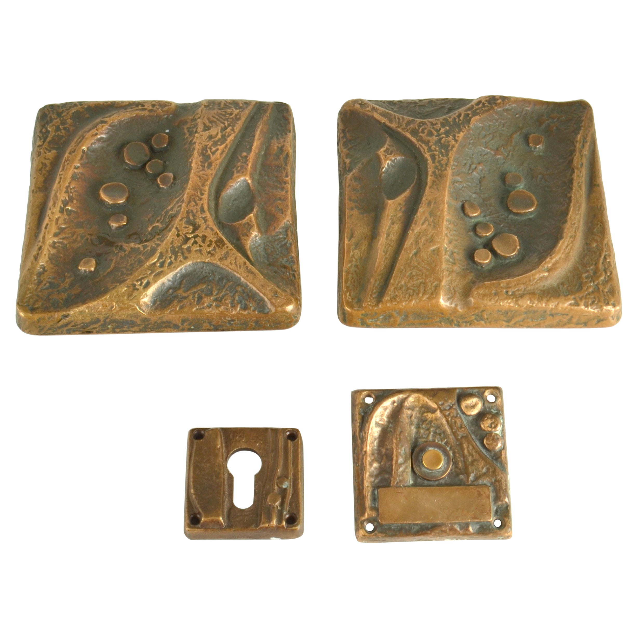 Brutalist Bronze Door Handles, Bel and Key Hole with Organic Relief