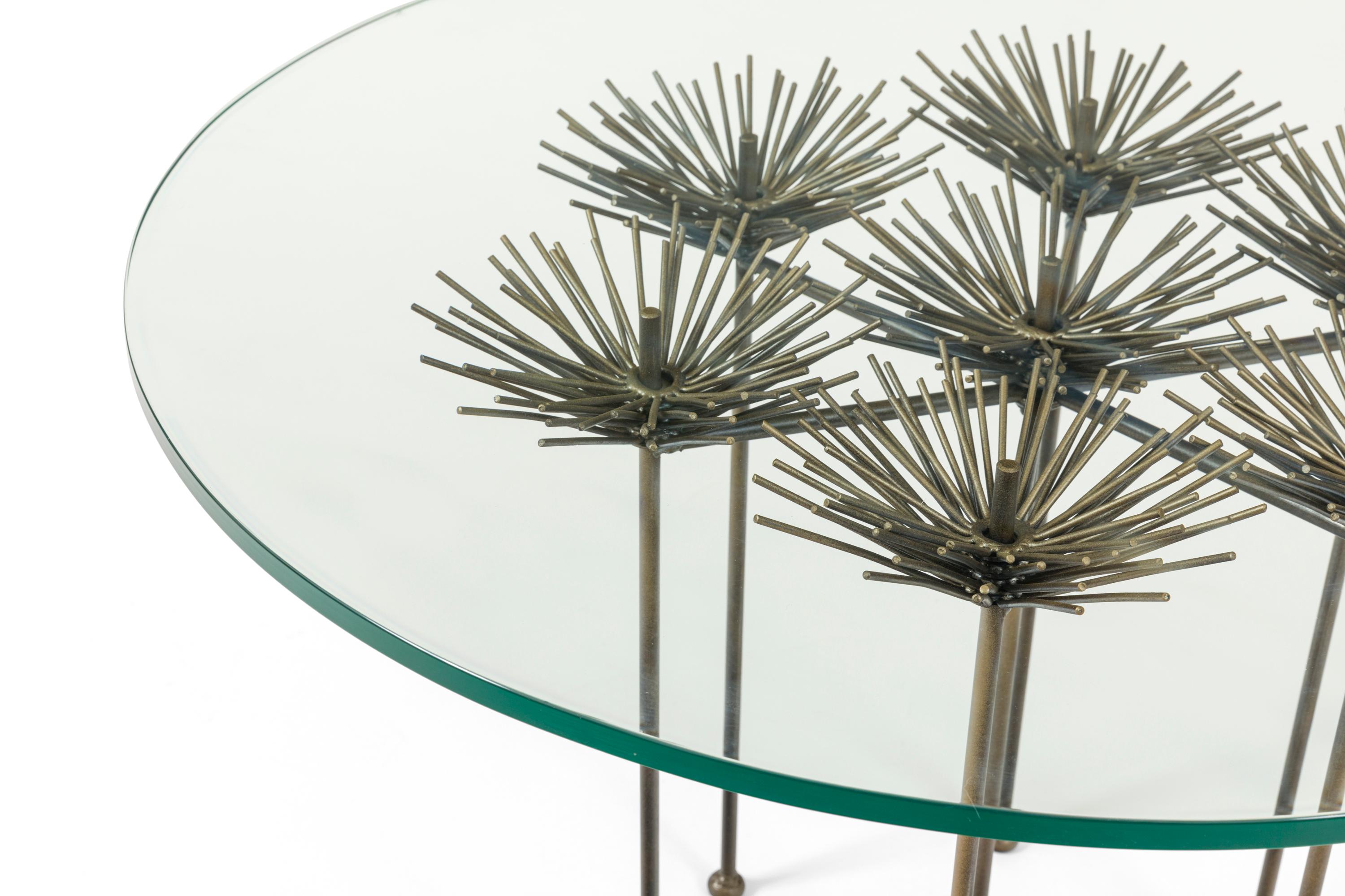 Brutalist Bronze Gilt Floral Table with Glass Top by Lost City Arts In Excellent Condition For Sale In New York, NY